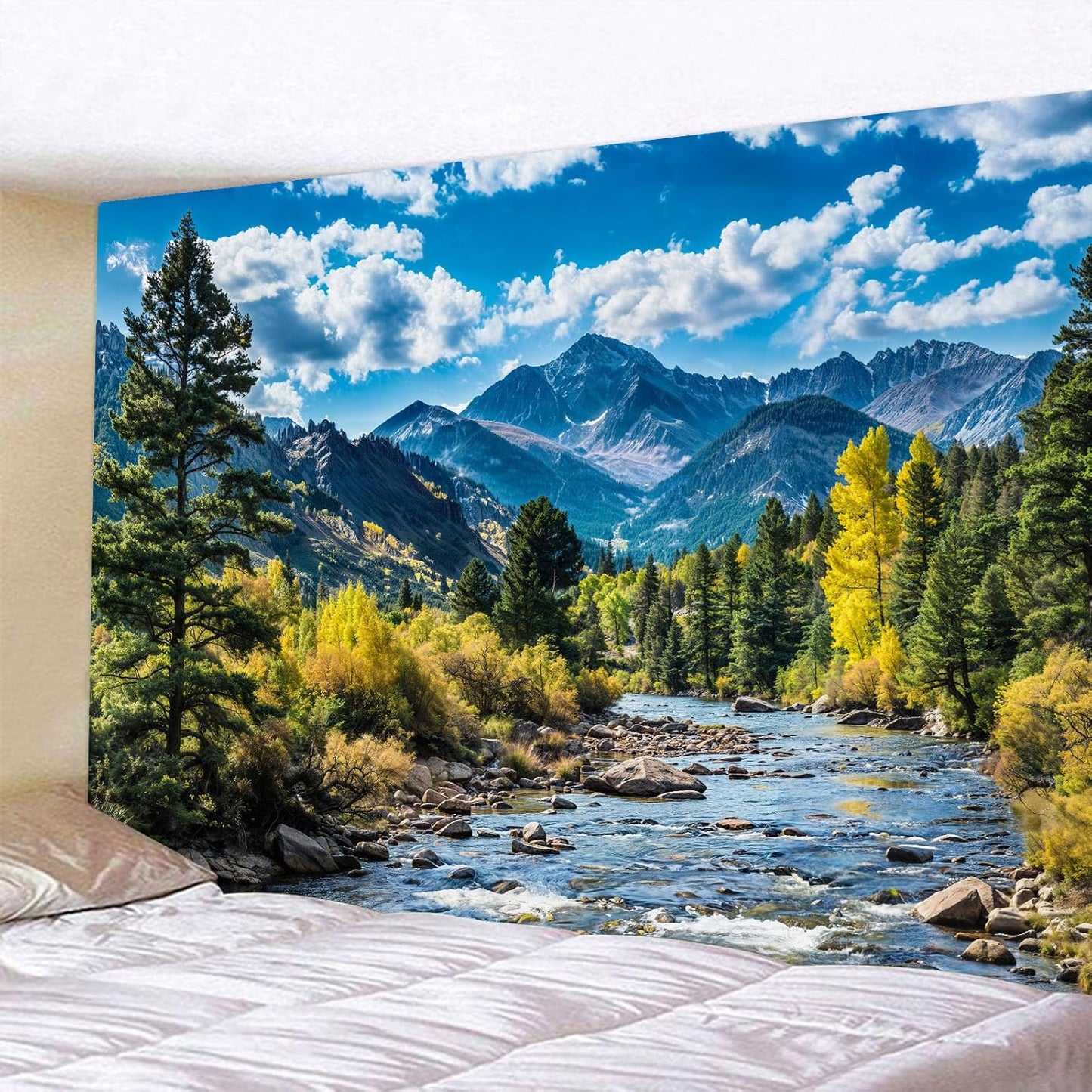 AMM Nature Forest Mountain Tapestry Green Pine Tree Tapestry for Bedroom Aesthetic White Clouds Flowing River Landscape Classroom Tapestries Wall Hanging for Living Room Dorm Office