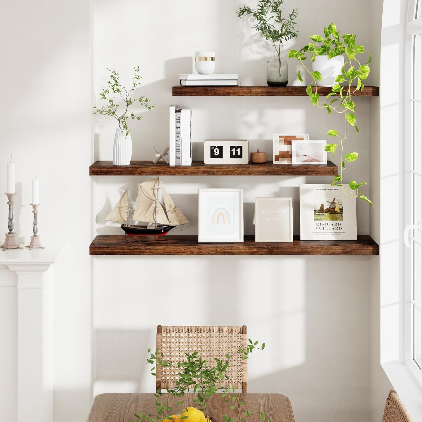 40 Inch Floating Shelvese, 40" W x 9" D Floating Shelf Set of 2, Farmhouse Wood Wall Shelves for Bedroom, Kitchen, Wall Mounted Deep Shelving for Home Decor, Rustic Brown Color
