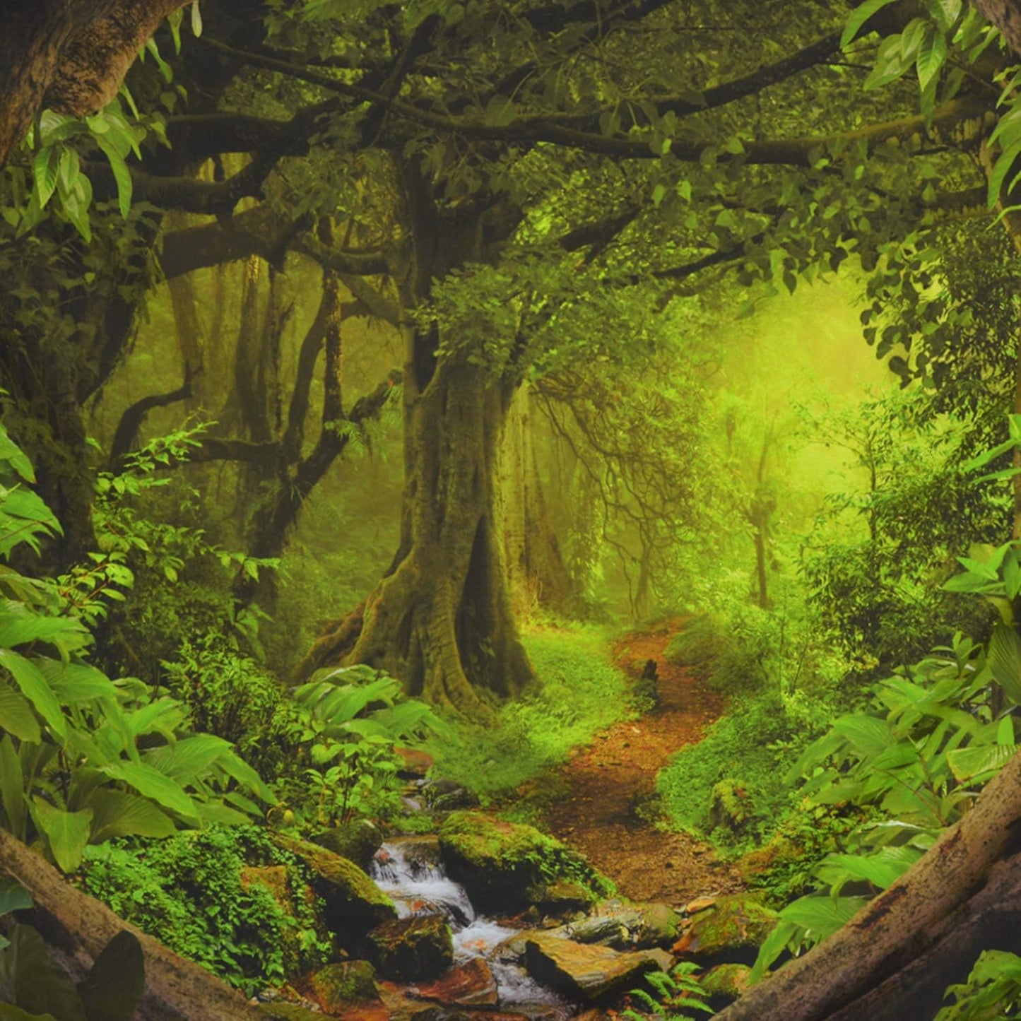 Tushelia Forest Nature Tree Cave Wall Hanging - Misty Forest Stream Through Rainforest Landscape Jungle Creek Psychedelic Tapestry for Living Room