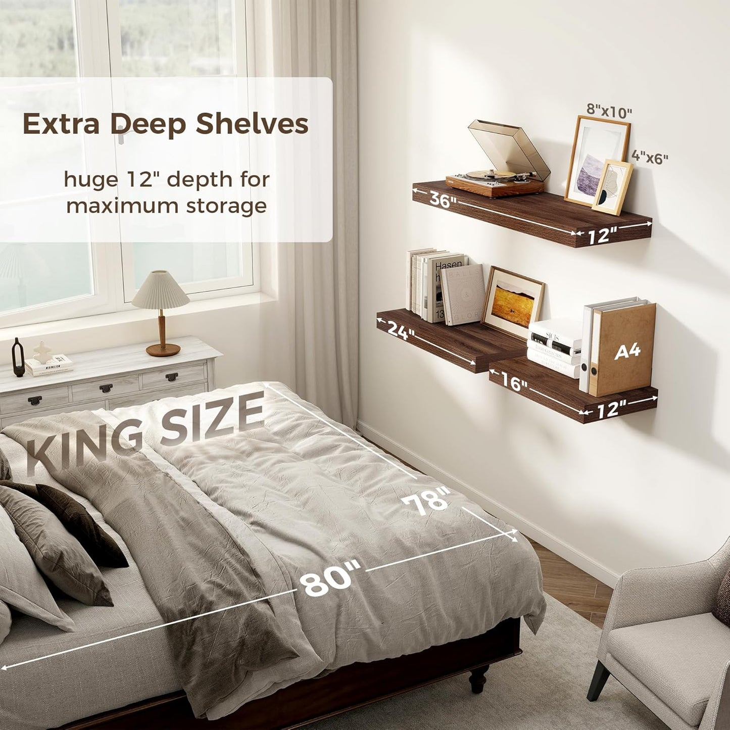12 Inch Deep Floating Shelves, 16 x 12 Floating Shelf for Books, Rustic Wood Deep Wall Shelves for Home Storage & Display, 2" Thicked Shelves for Kitchen, Living Room, Bedroom, Walnut Color, 2 Pack
