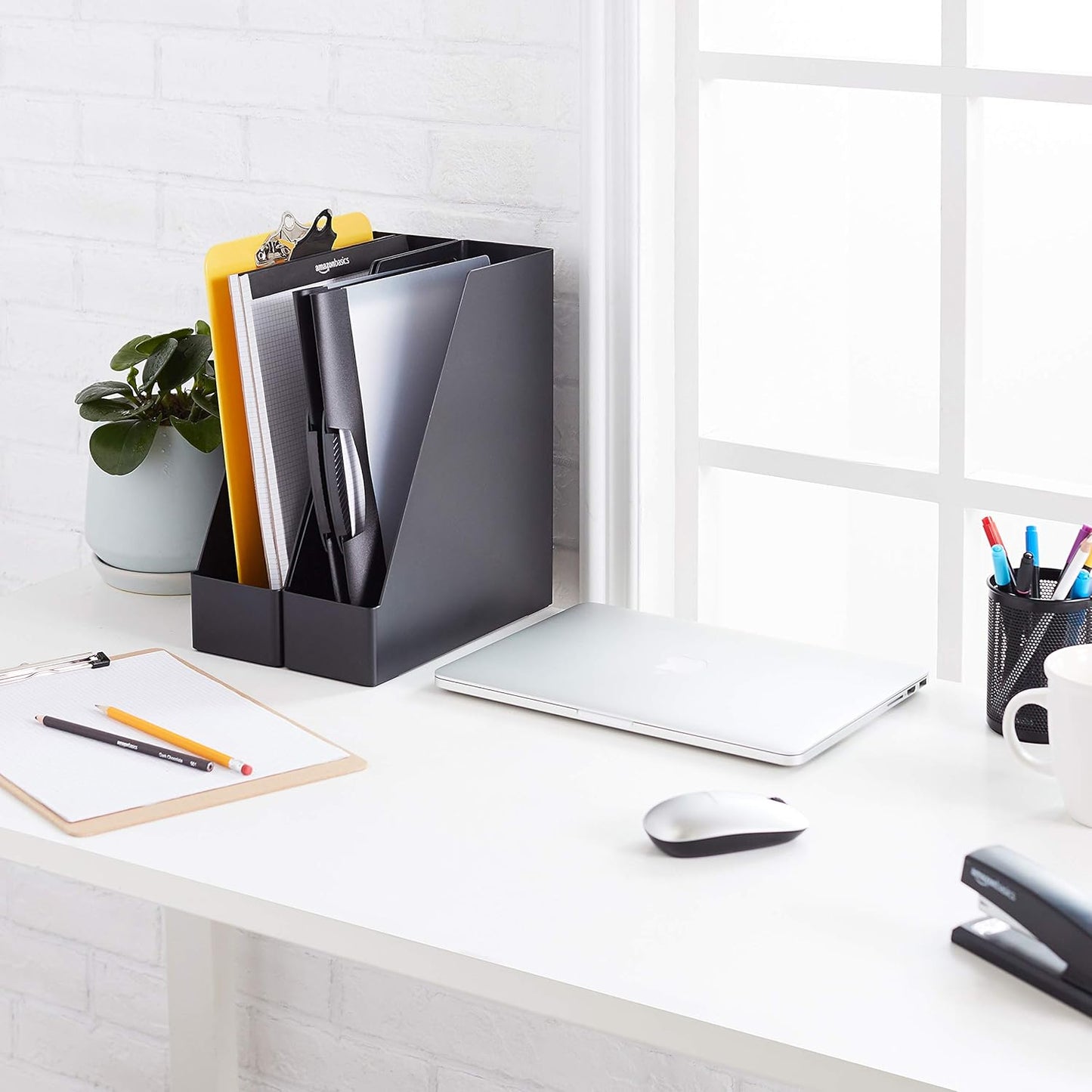 Amazon Basics Plastic Desk Organizer - Vertical Magazine and File Holder, Black, 2-Pack