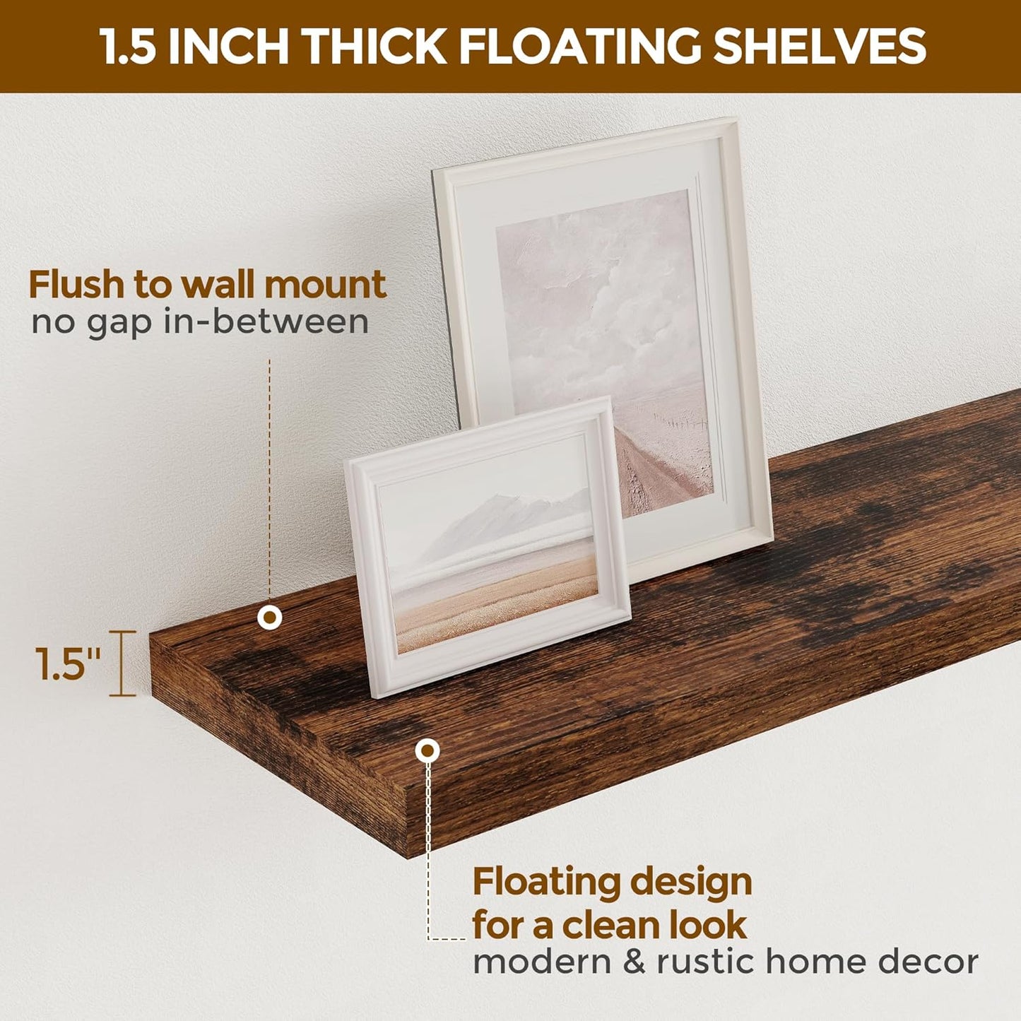 Floating Shelves 55 Inch Long, 55"W x 9"D Wall Shelf Invisible Bracket, 9 Inch Deep Floating Shelf for Wall, Rustic Wooden Shelves for Living Room, Kitchem, Bedroom, Rustic Brown Color, Set of 1