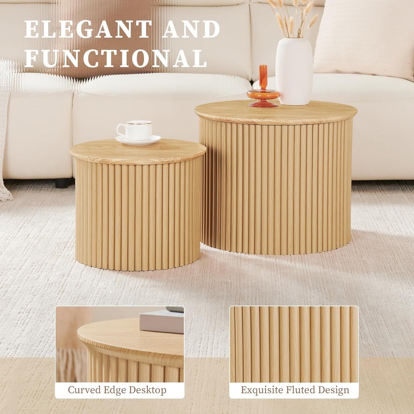 Fluted Round Nesting Coffee Table Set of 2, Small Coffee Table Circle Side Table, Boho Modern Wood Nesting Table Farmhouse End Tables Set for Living Room, Bedroom, Small Spaces(Natural)