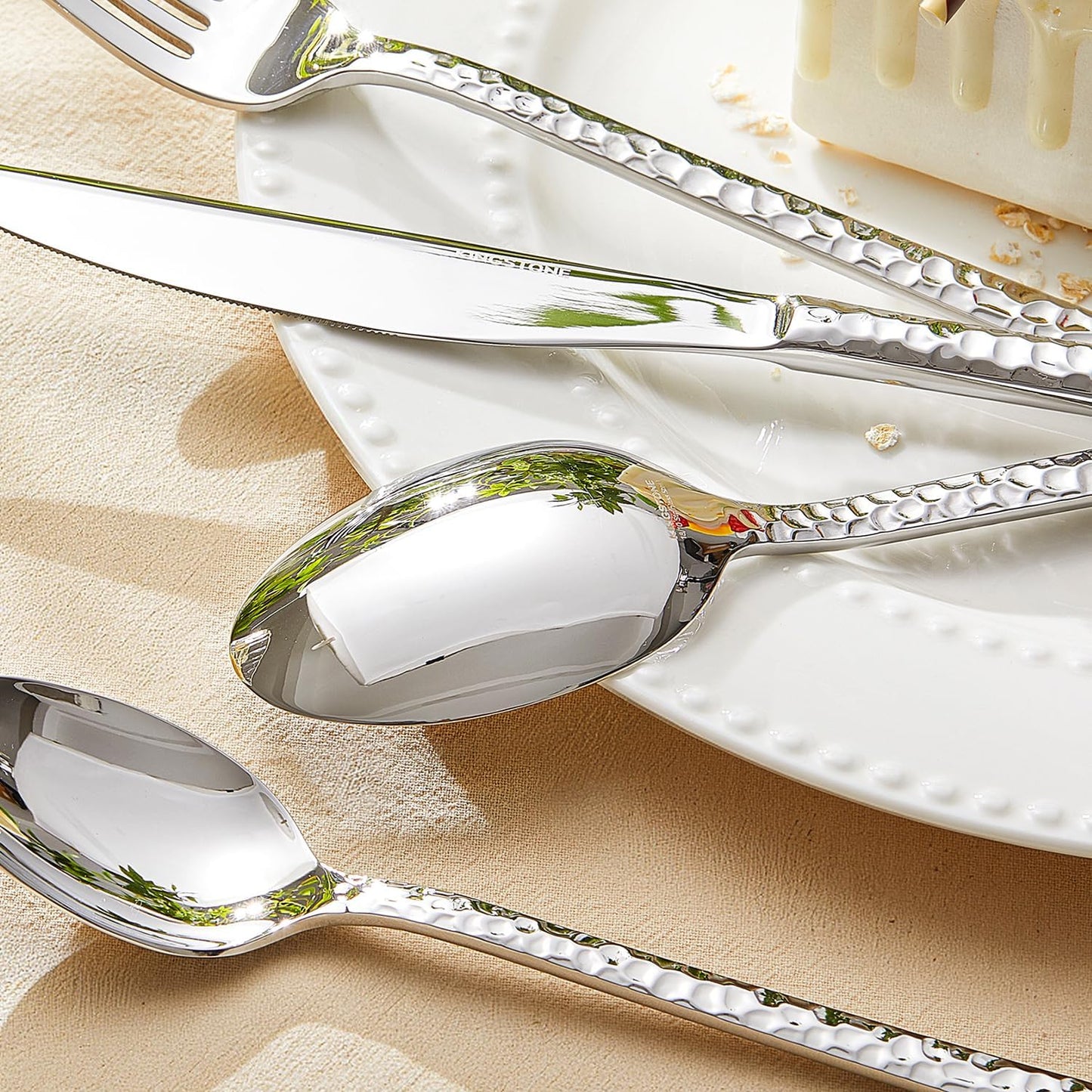 KINGSTONE 40 Piece Hammered Silverware Set, 18/10 Stainless Steel Flatware Set for 8, Cutlery Set for Home, Party, Wedding, Mirror Polished Dishwasher Safe