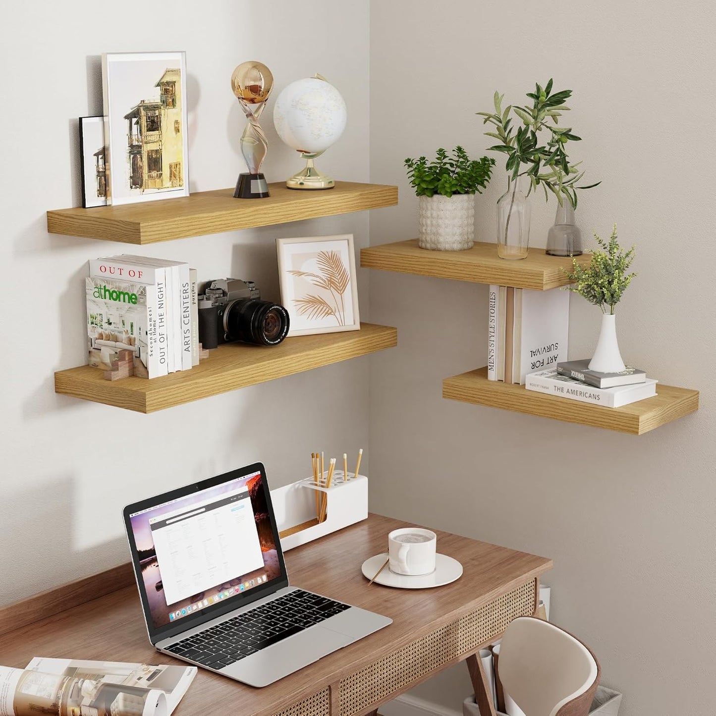 Rustic Wood Floating Shelves 32 Inch Long, 9 Inch Deep Wall Shelves for Home Decor, 32 x 9 Floating Shelf Wall Mounted Set of 2, Deep Floating Shelves for Kitchen, Bedroom, Living Room, Oak Color