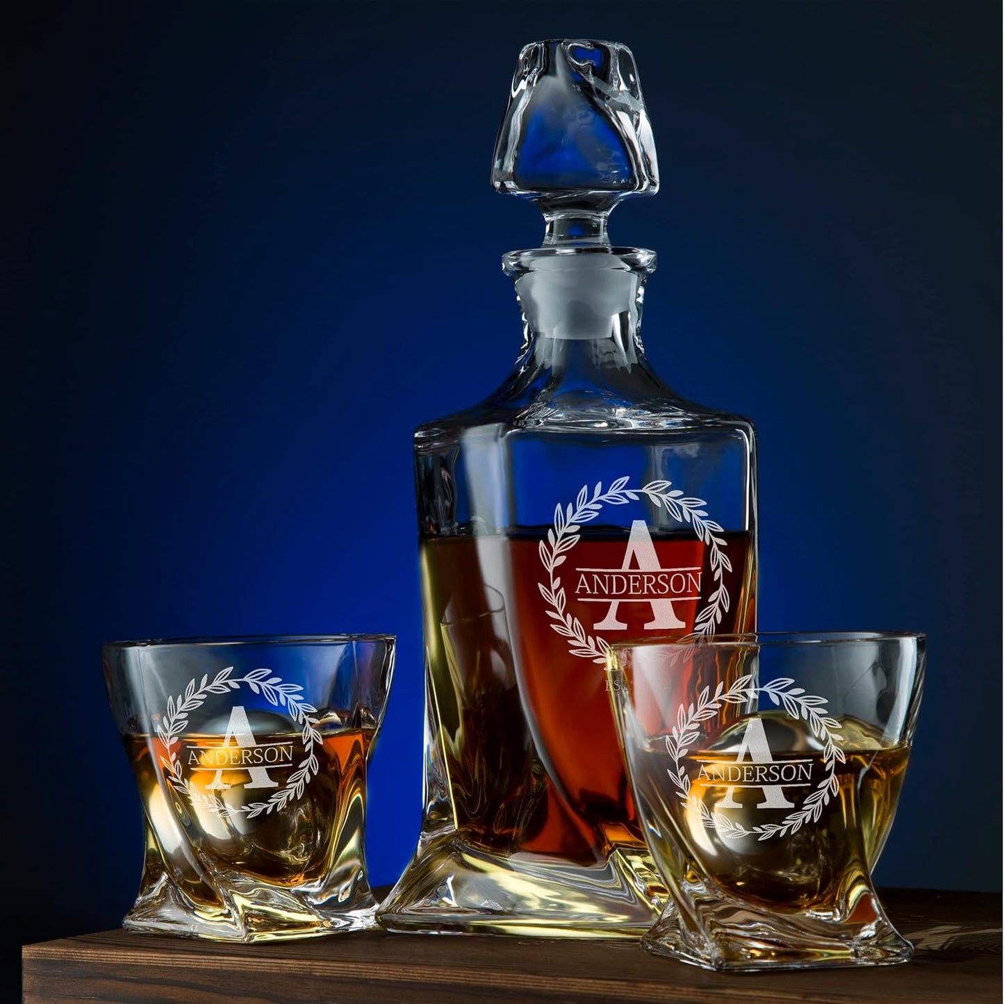 Personalized Whiskey Decanter and Stones Set - Customized Gift for Him - Men, Dad, Father - Engraved Twisted Decanter,2 Twisted Glasses, 2 XL Chilling Balls, Coasters, Tongs in Wooden Gift Box