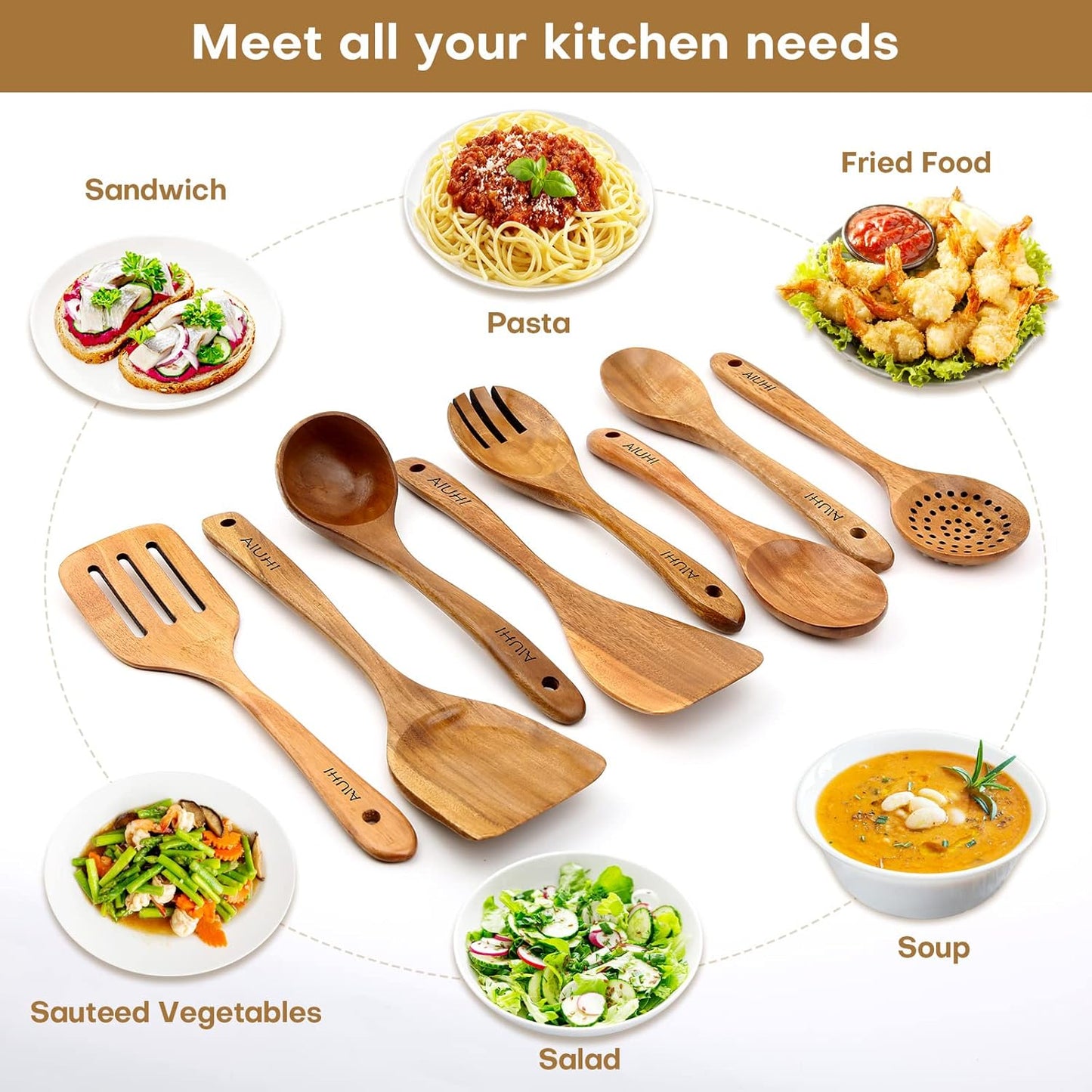AIUHI Wood Spoons for Cooking, Nonstick Kitchen Utensil Set, Wooden Spoons Cooking Utensil Set Non Scratch Natural Teak Wooden Utensils for Cooking (Teak 8 Pack)