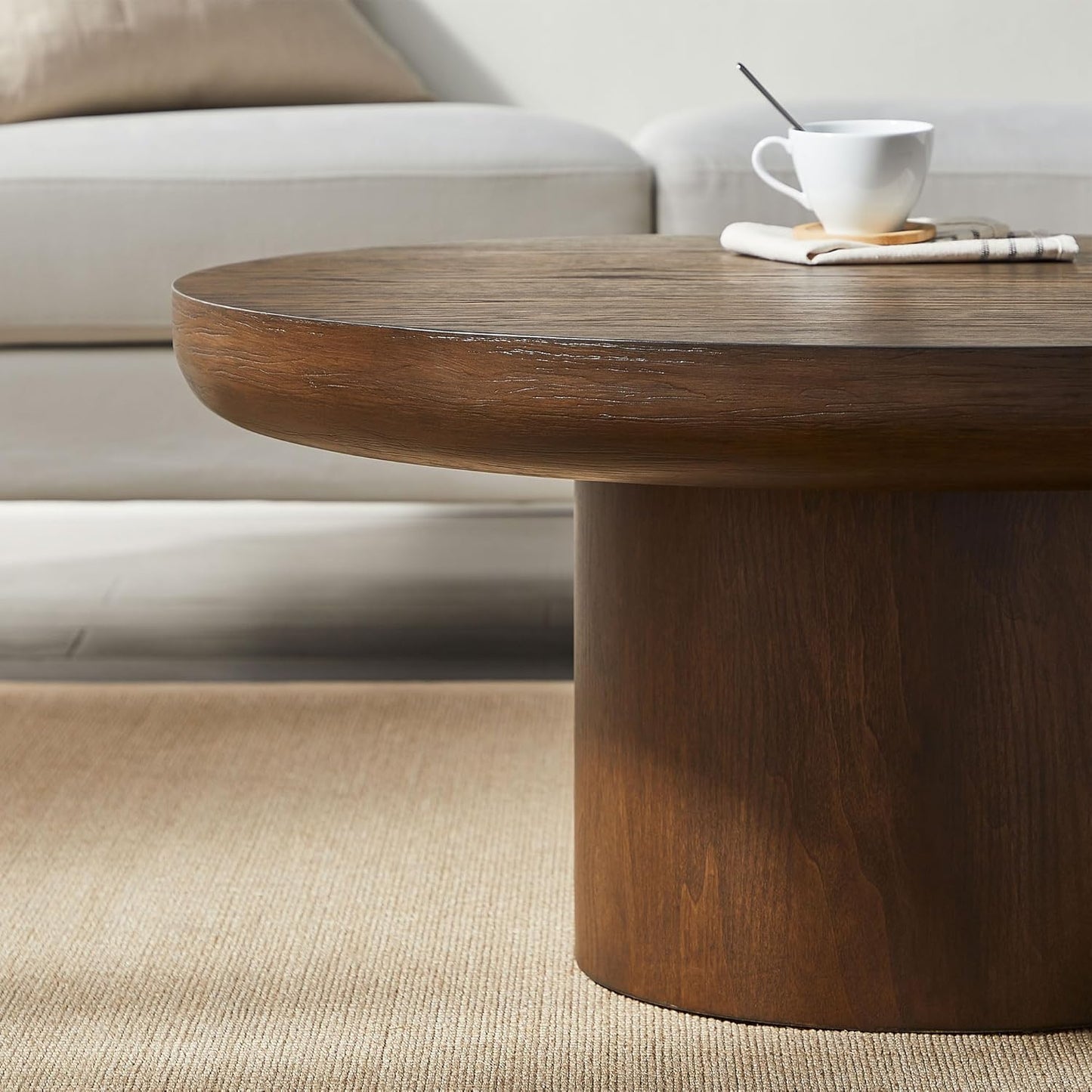 WILLIAMSPACE 35.98" Round Coffee Table with Cylindrical Base, Modern Wood Drum Center Table, Accent Side End Table for Living Room Apartment, φ35.98"*15.98"H (Dark Brown)