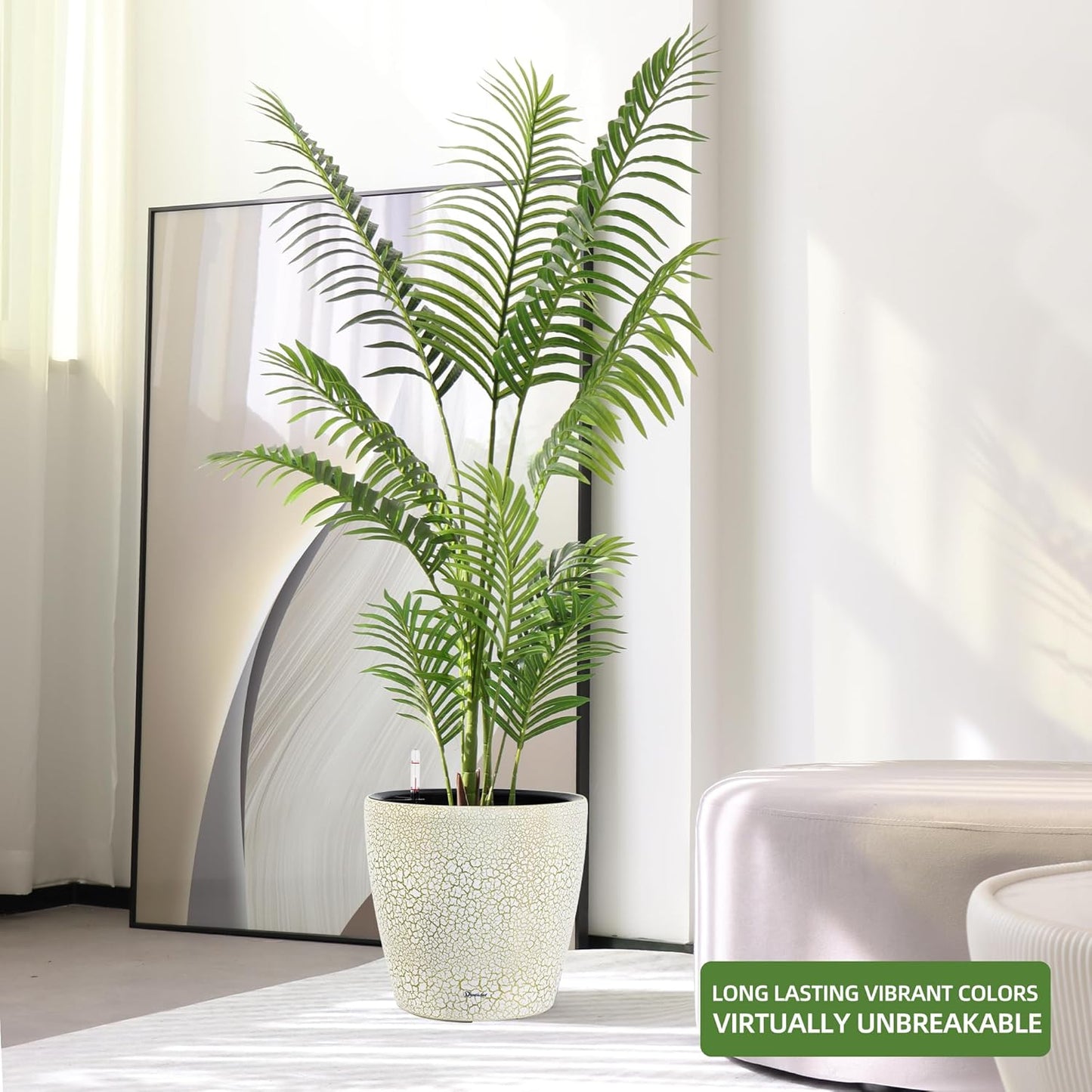 Dexceder 15x14 Self Watering Planter with Wheels Indoor Outdoor, Inner Pot Design, Thickened Large Floor Standing Flower Plant Pot with Water Level Indicator (White Gold Crackle)