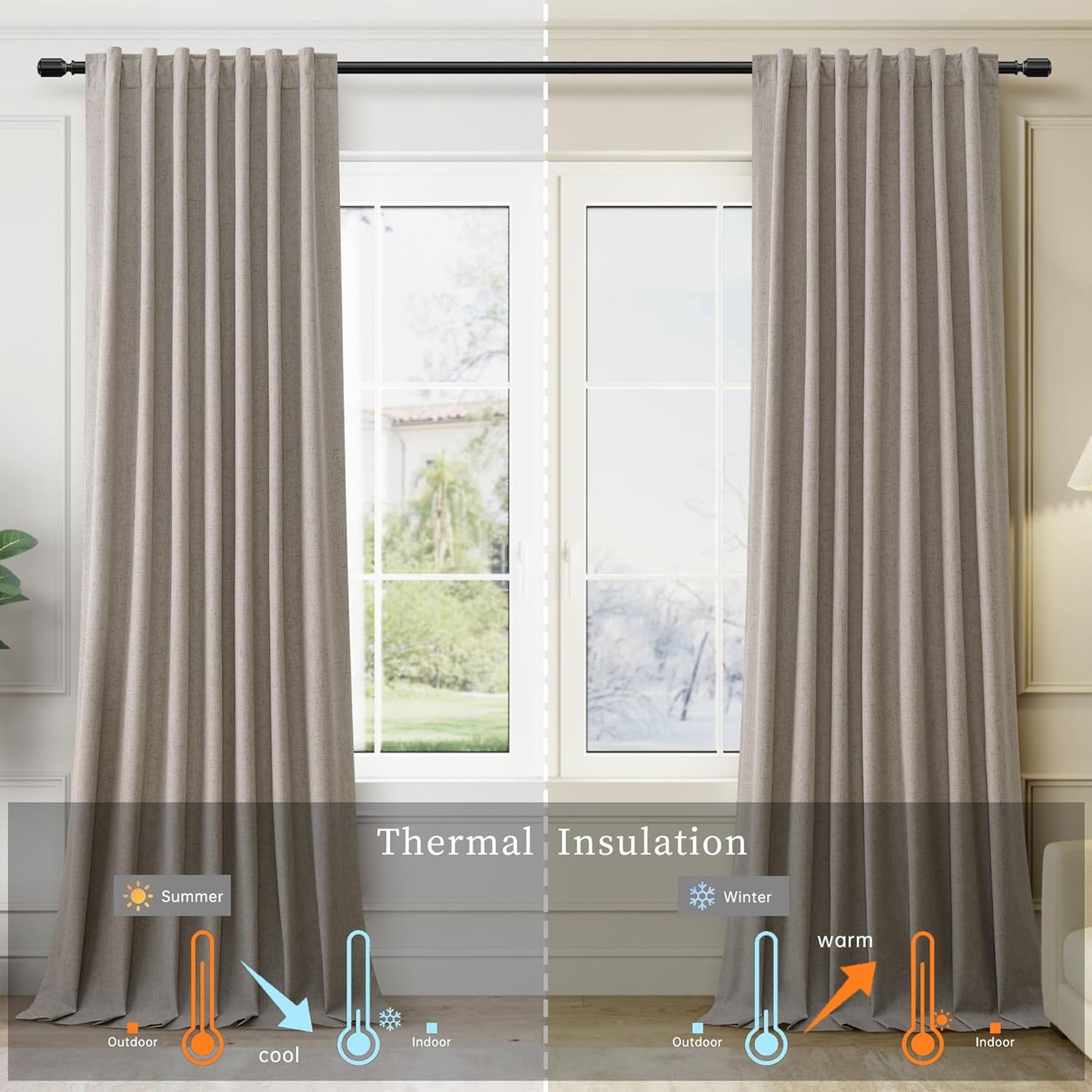 BOODII Dark Taupe Linen Blackout Curtains for Bedroom 84 Inch Length 2 Panels Set Room Darkening Curtains Black Out Curtain Neutral Thermal Insulated Living Room Nursery Drapes Back Tab 52x84