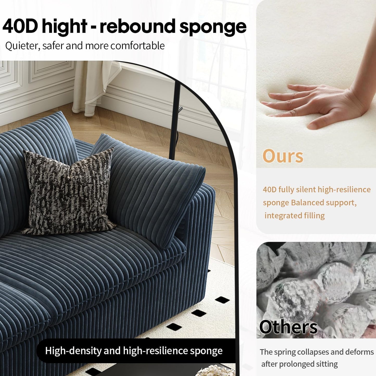 157.5" Cloud Couch Modular Sectional Sofa for Living Room,Modern Sofa with Deep Seat,L-Shape Boneless Couch with Ottoman,Comfy Upholstered Corduroy Couches for Apartment, Studio, Office,Bedroom,Blue