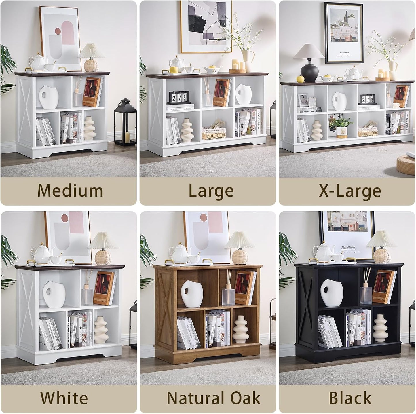 Farmhouse 6 Cube Bookshelf, Black Storage Organizer Bookcase, Kids Toy Storage Cabinet, Long Bookshelves Storage Organizer Shelf, Wood Display Cabinet Book Shelves for Bedroom,Living Room,Office