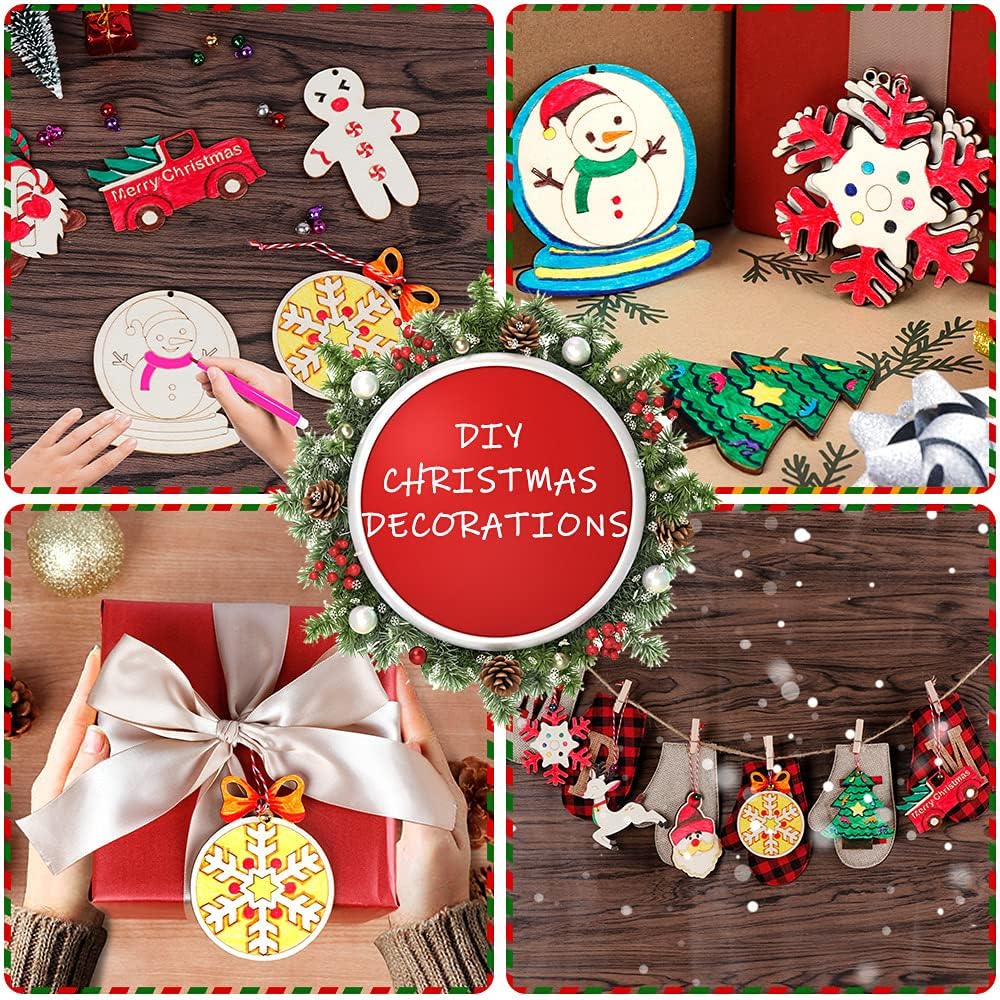 GUDELAK 60PCS DIY Wooden Christmas Ornaments, 12 Styles Christmas Crafts for Kids Adults with Ropes, 60 Bells and 12 Colored Pens, Unfinished Wood Ornaments Making Kit for Christmas Tree Decorations