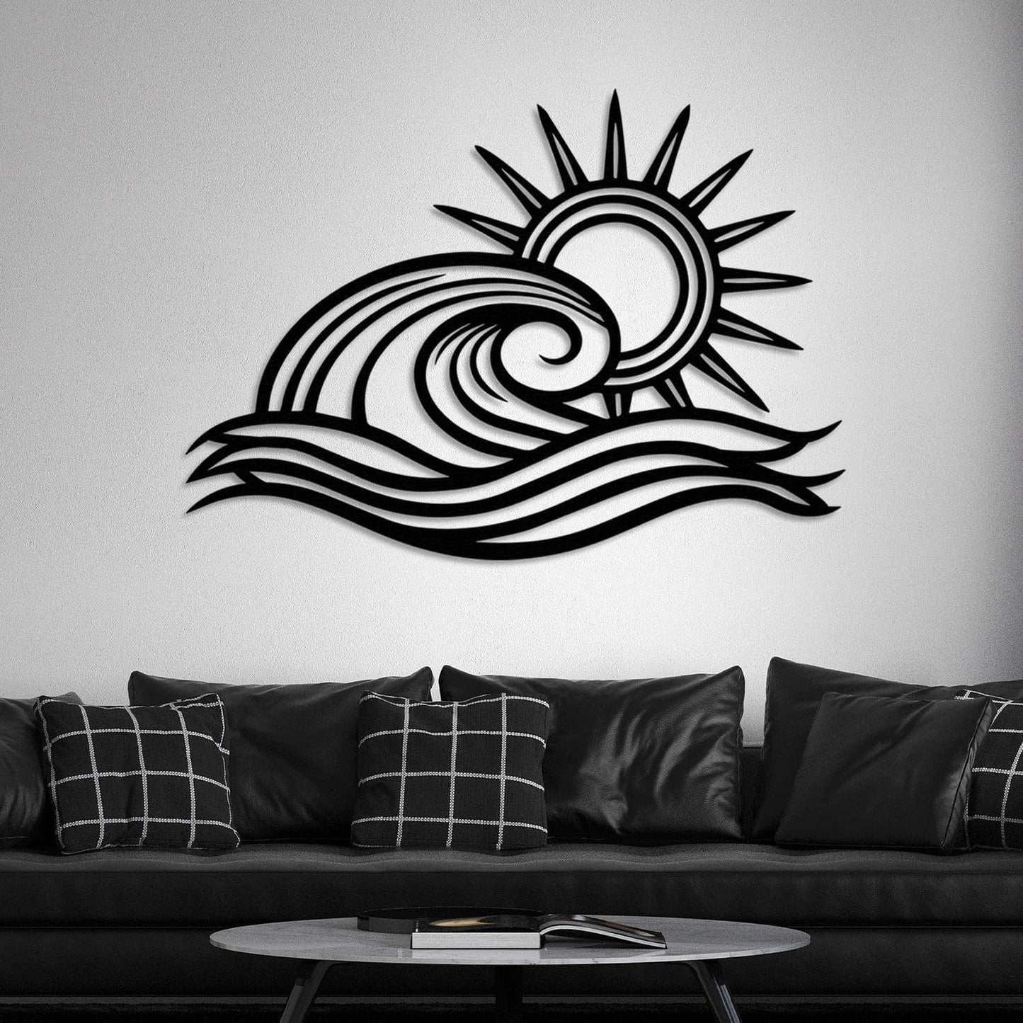 Wita Home Ocean Wave Metal Wall Art, Sun Beach Decor, Coastal Large Wall Sculpture for Home, Indoor/Outdoor Use, Nautical Wall Hanging, Eye-Catching Addition to Living Room (White, 48 x 28 inches)