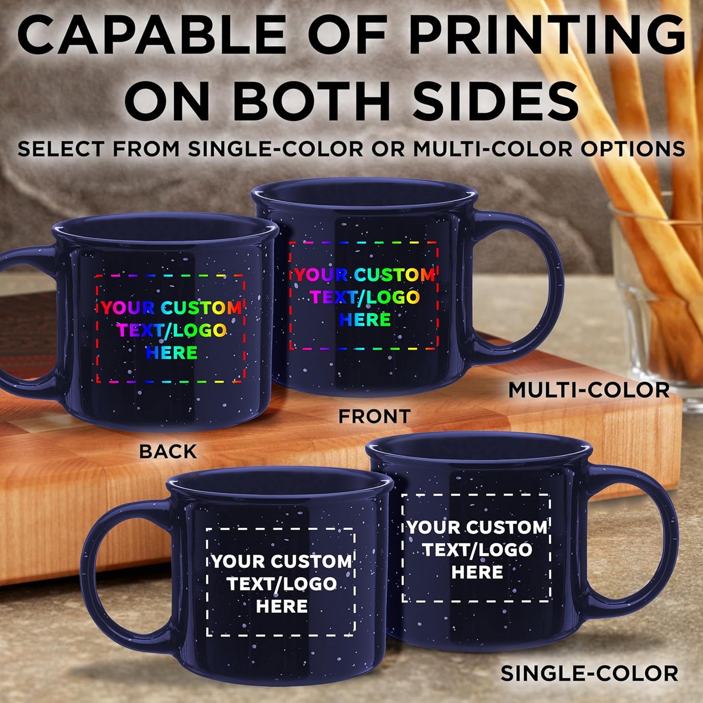 DISCOUNT PROMOS Custom Ceramic Campfire Coffee Mugs 13 oz. Set of 100, Personalized Bulk Pack - Perfect for Tea, Espresso, Cappuccino, Hot Cocoa - Blue
