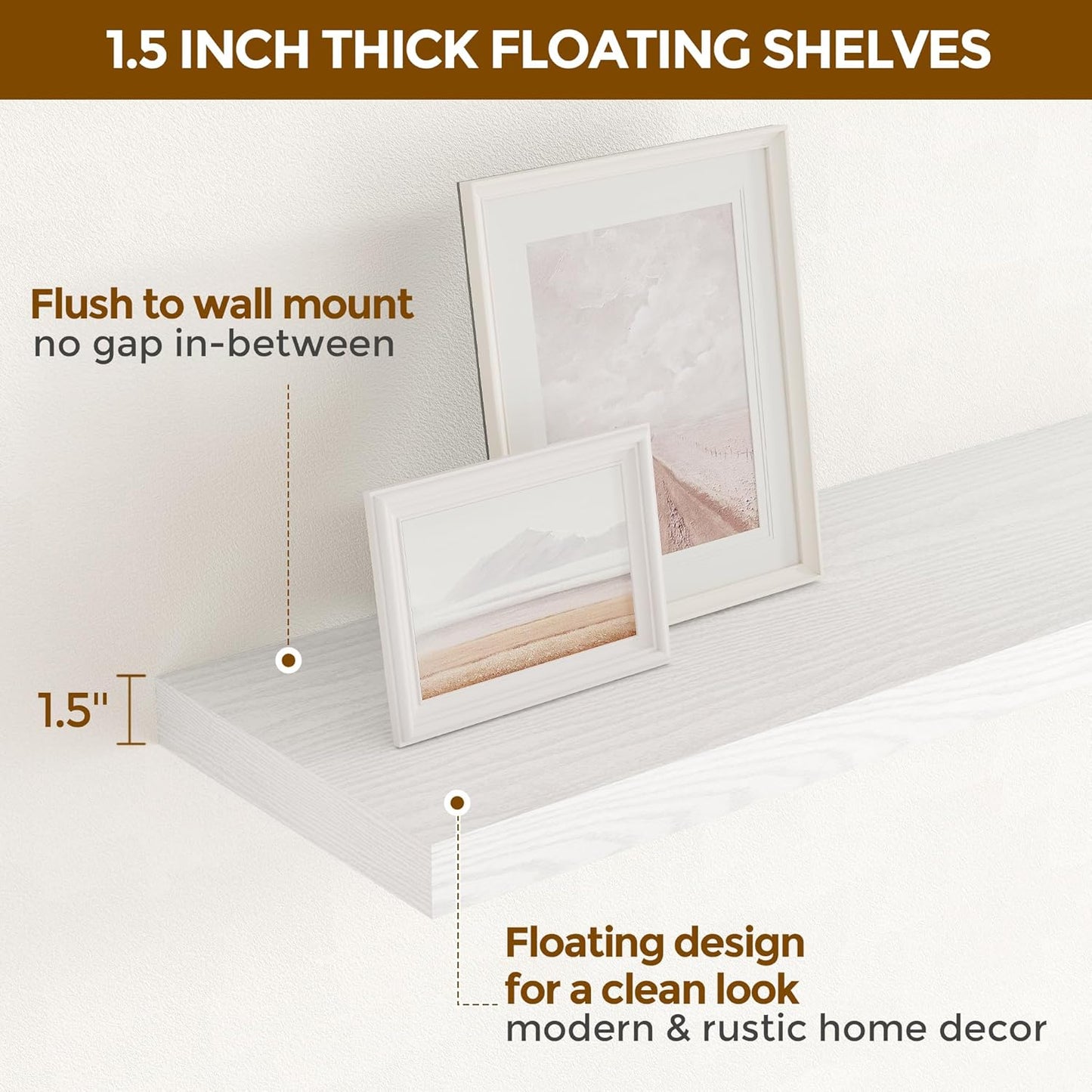 48 Inch Floating Shelves White, Rustic Wood Floating Shelf Wall Mounted, 9 Inch Deep Floating Shelf for Kitchen, Bedroom, 48 x 9 Wall Shelves for Home Storage, Set of 1