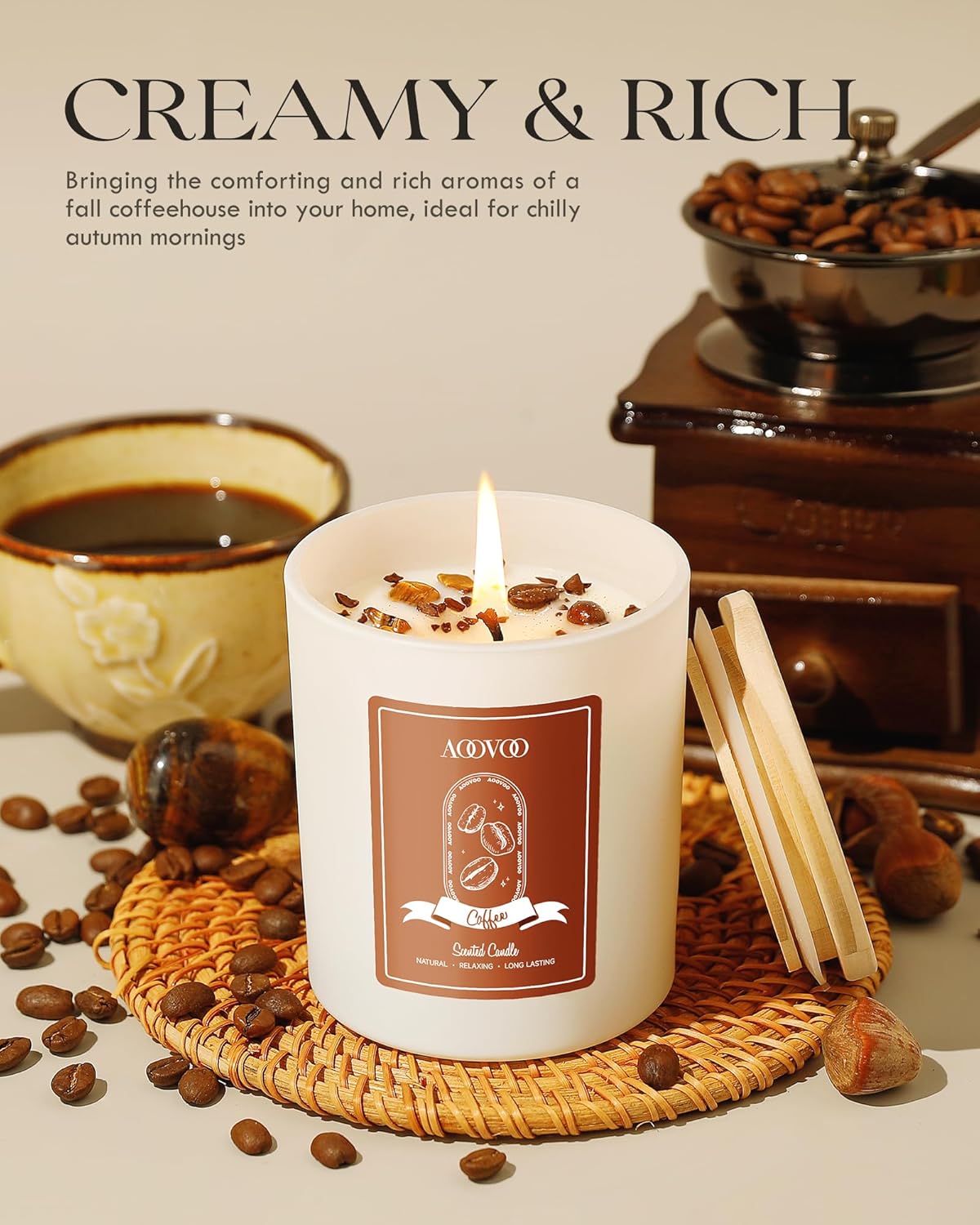 AOOVOO Macchiato Coffee Scented Candles for Women - Aromatherapy Candle with Crystals Inside, 10oz, 60H Burning Time, Soy Candles for Home Scented, Birthday Gifts Candle for Women Mom