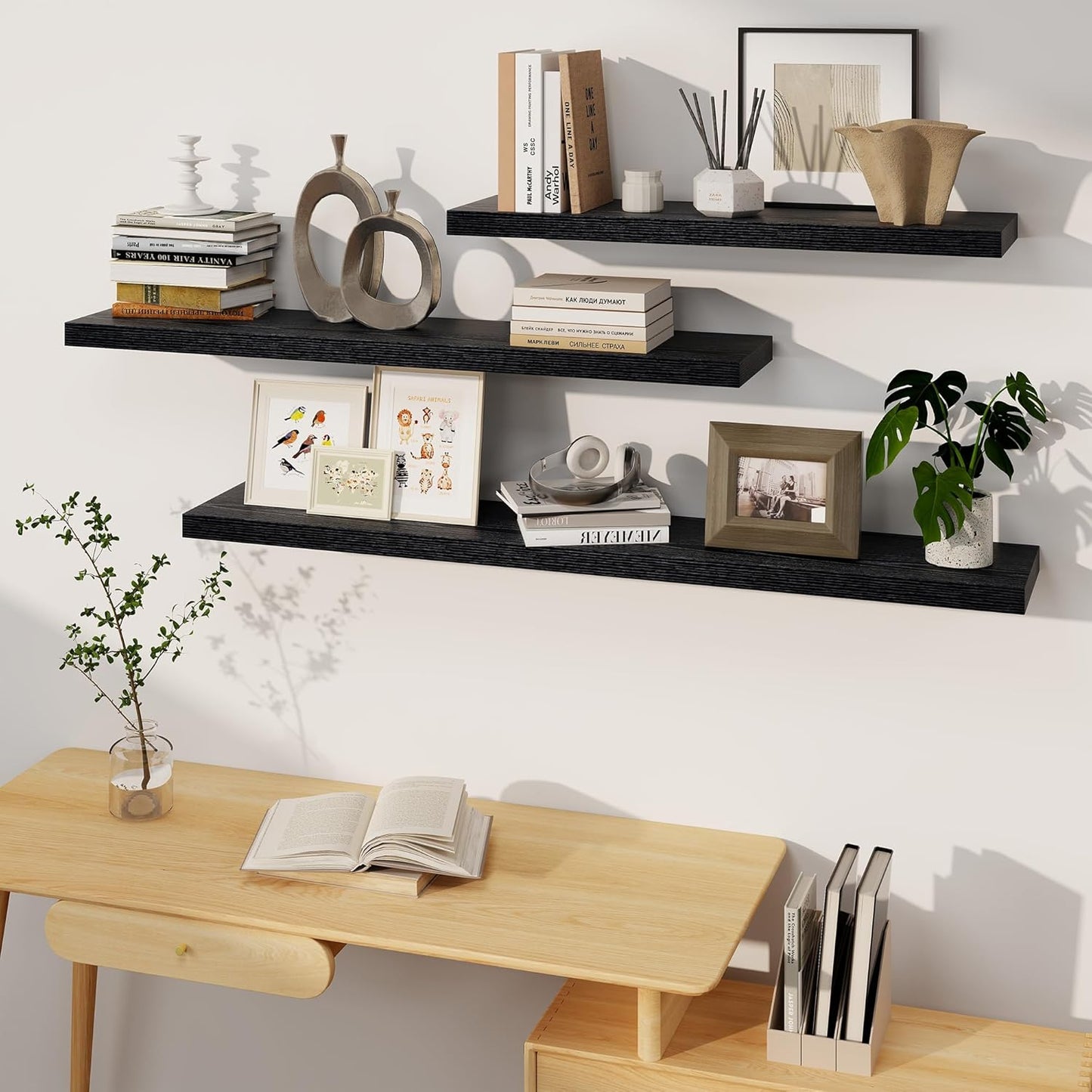 Black Floating Shelves 48 Inch Long, 8 Deep Floating Shelves for Wall, Rustic 48" Long Fireplace Mantel, Large 48 x 8 Wall Shelves for Bedroom, Living Room, Bathroom, Black Deep Shelves Set of 1