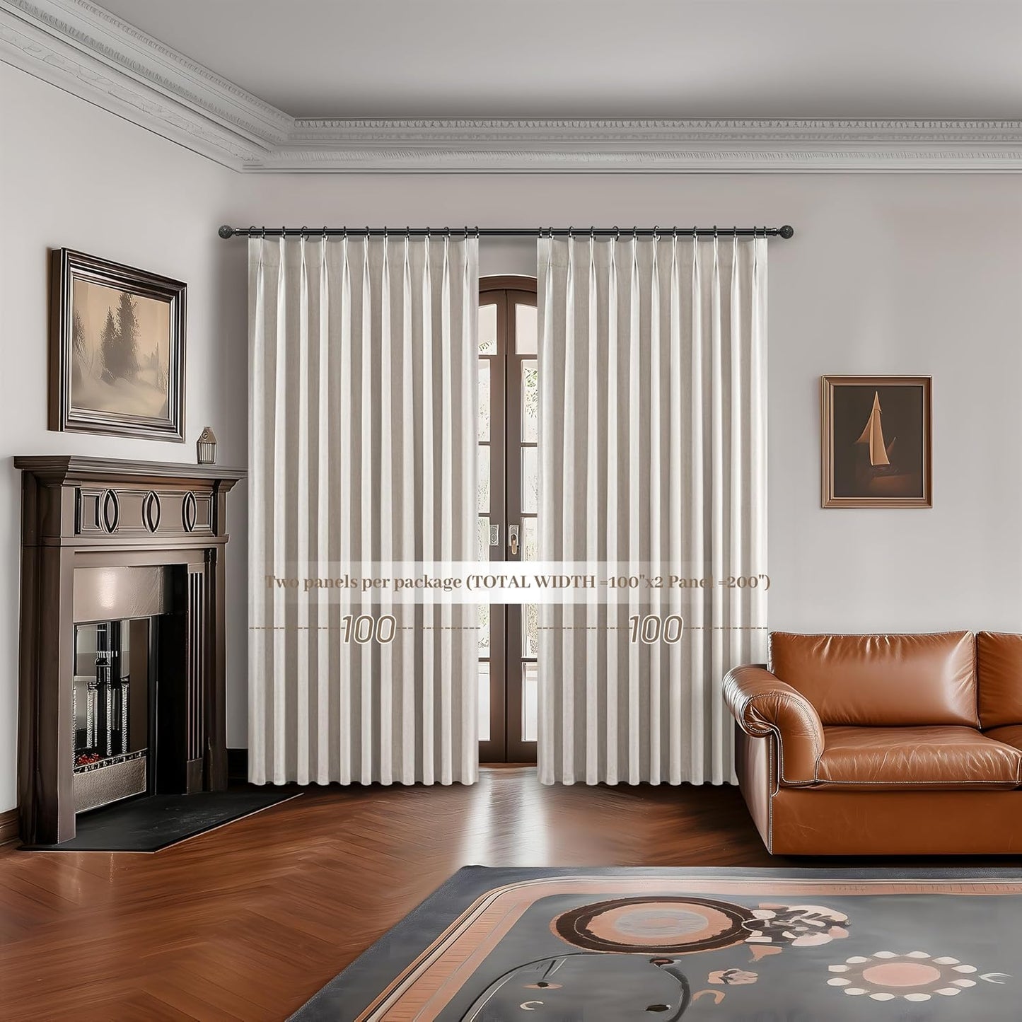 Pinch Pleated Blackout Curtains 100 Inches Extra Wide for Living Room, Thick Heavy Duty Linen Blend Tan Viral Large Window Curtain for Sliding Glass Door Thermal Natural Drapes (100"Wx96"Lx 2Panels)