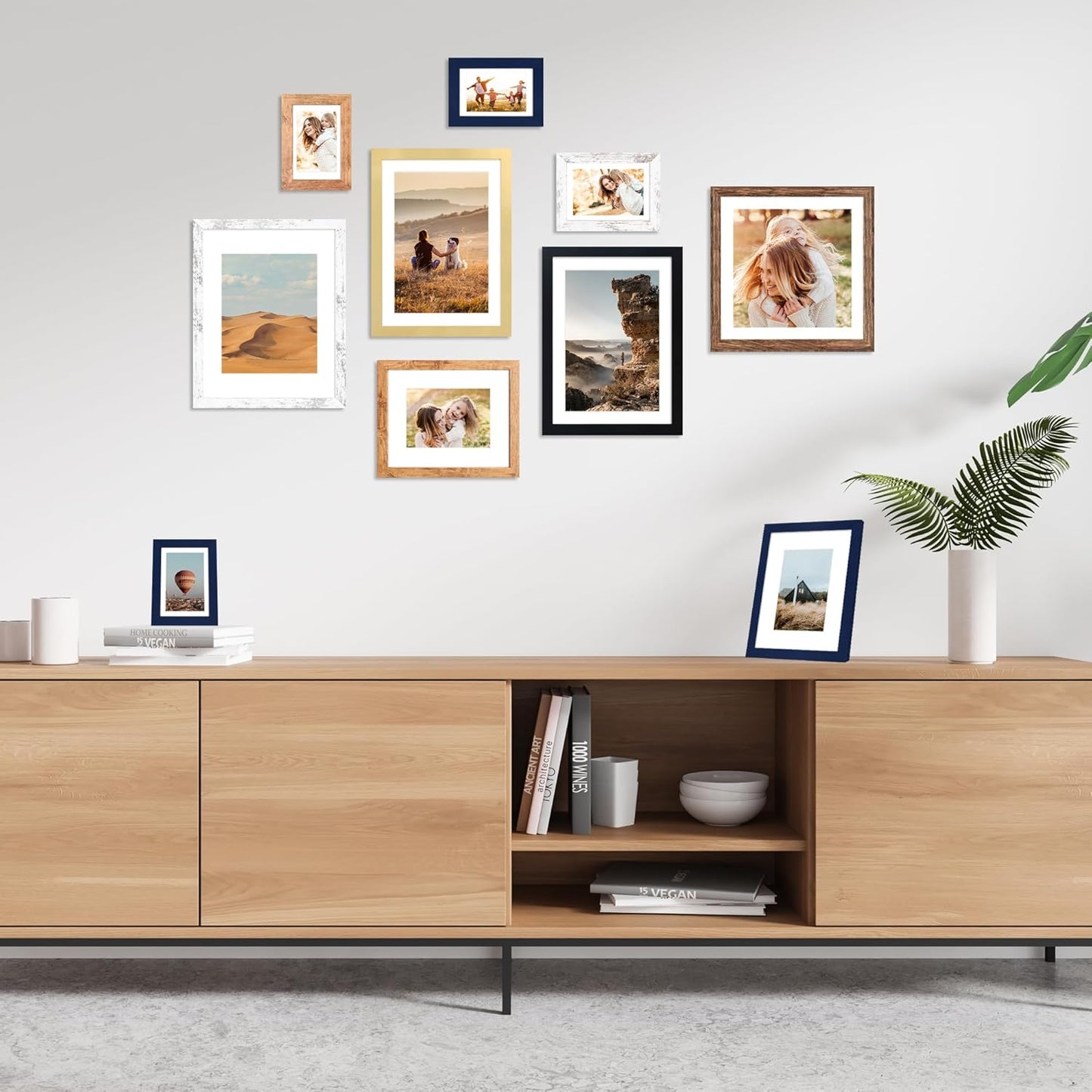 11x14 Picture Frame Set of 4, 11 x 14 Wood Photo Frames with Mat for 8x10, Natural Wooden Frame with Real Glass Cover for Wall and Tabletop Display,Rustic Brown