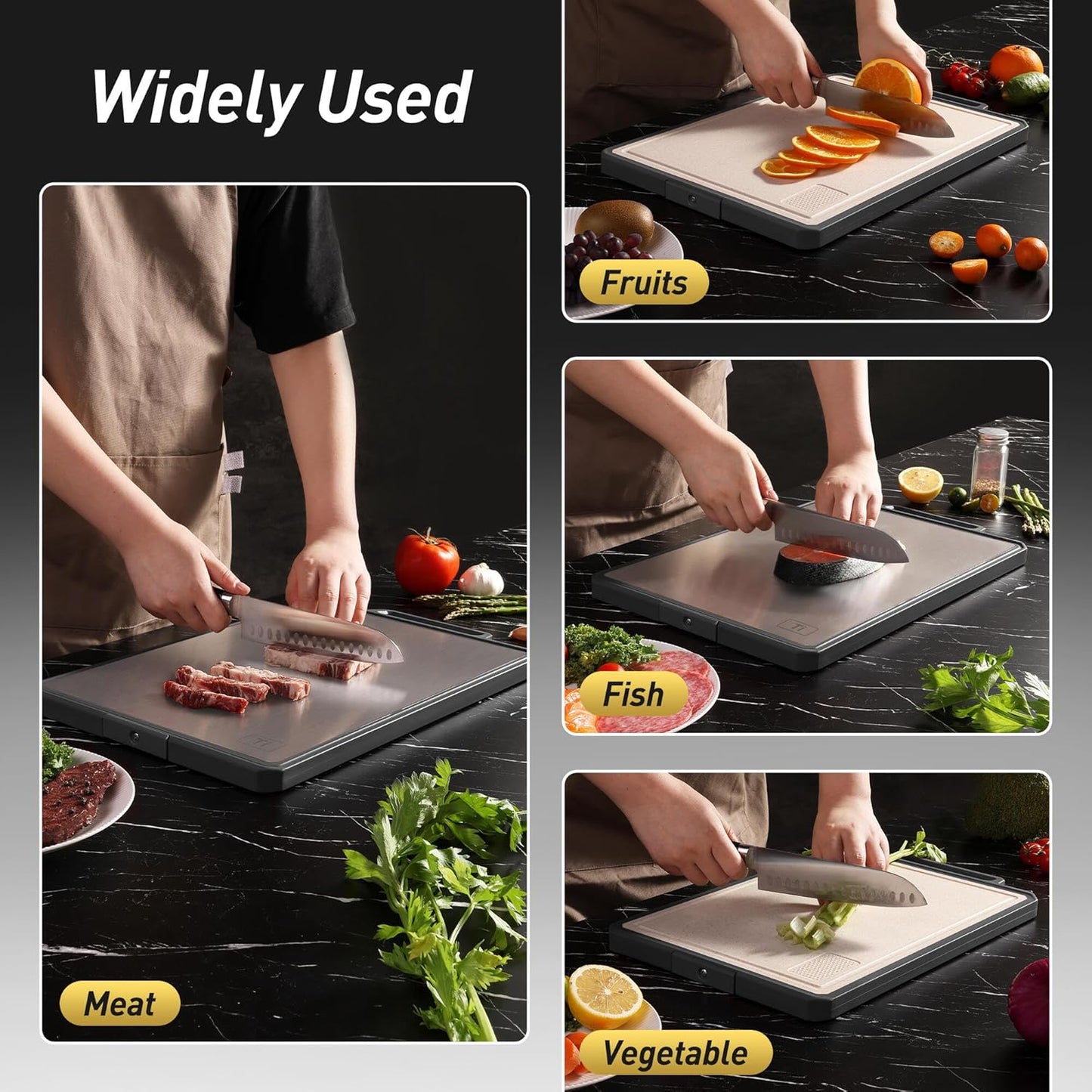 Titanium Cutting Boards for Kitchen Non Toxic Chopping Board with Handle Large Big Small Kitchen Meat Butcher Block 2 in 1 Pure Titanium and Wheat Straw PP Not Wood Bamboo Plastic Teak Grey/Beige