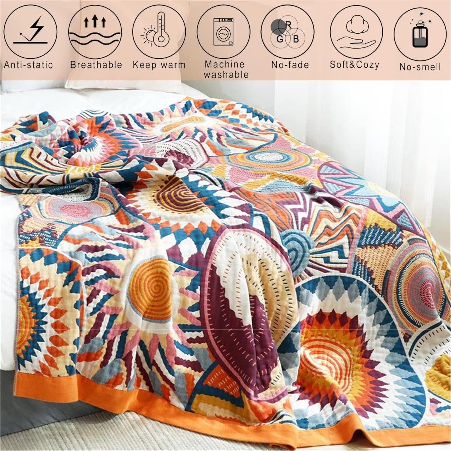 Cotton Throw Blanket for Couch 100% Cotton Blankets for Bed, 90''x 98'' Cotton Quilted Blanket King Size Muslin Mexican Blanket Cozy Soft for Women