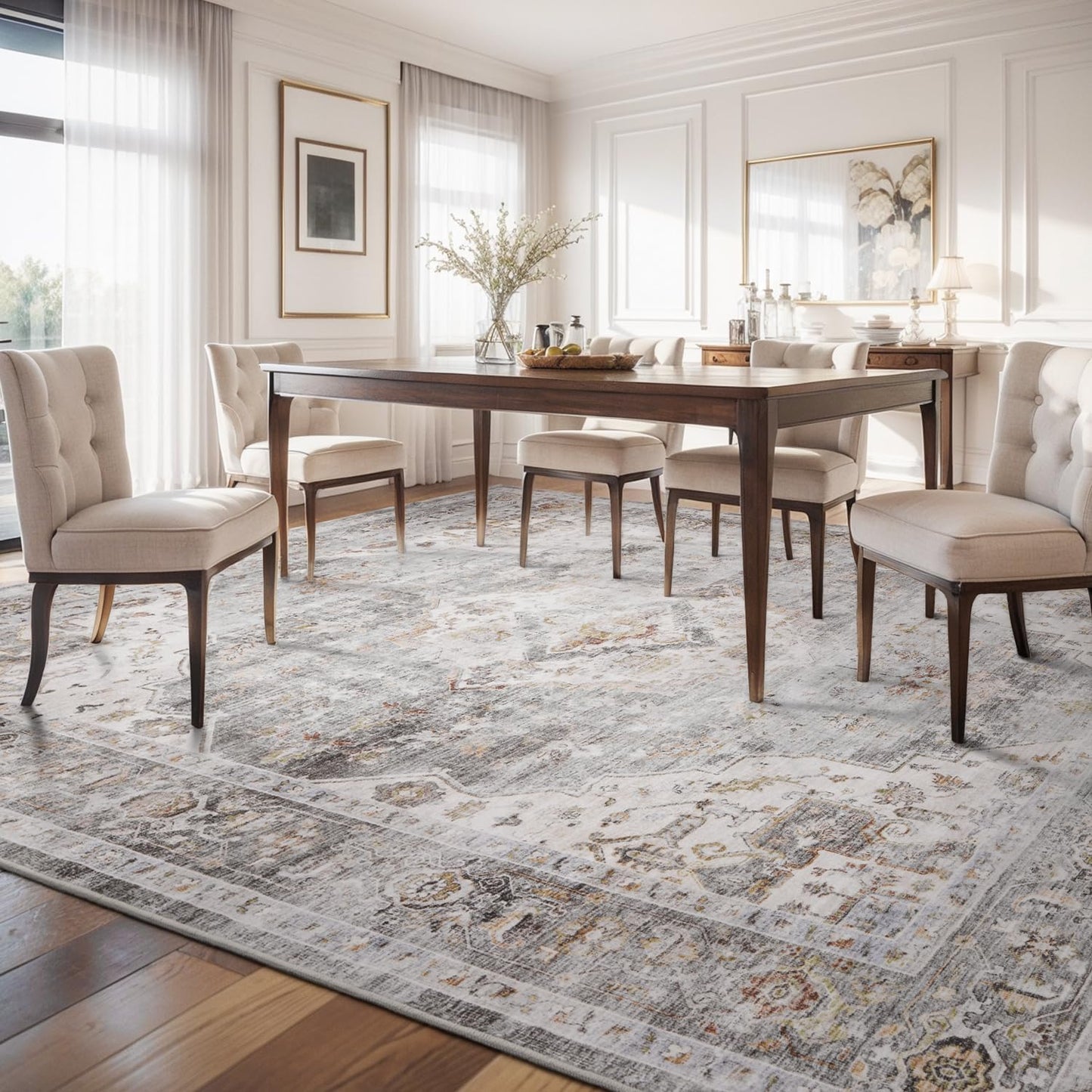 AMOAMI Area Rug - 9x12 Vintage Soft Grey Rug - Non Slip, Washable for Living Room, Bedroom, Dining Room, Office