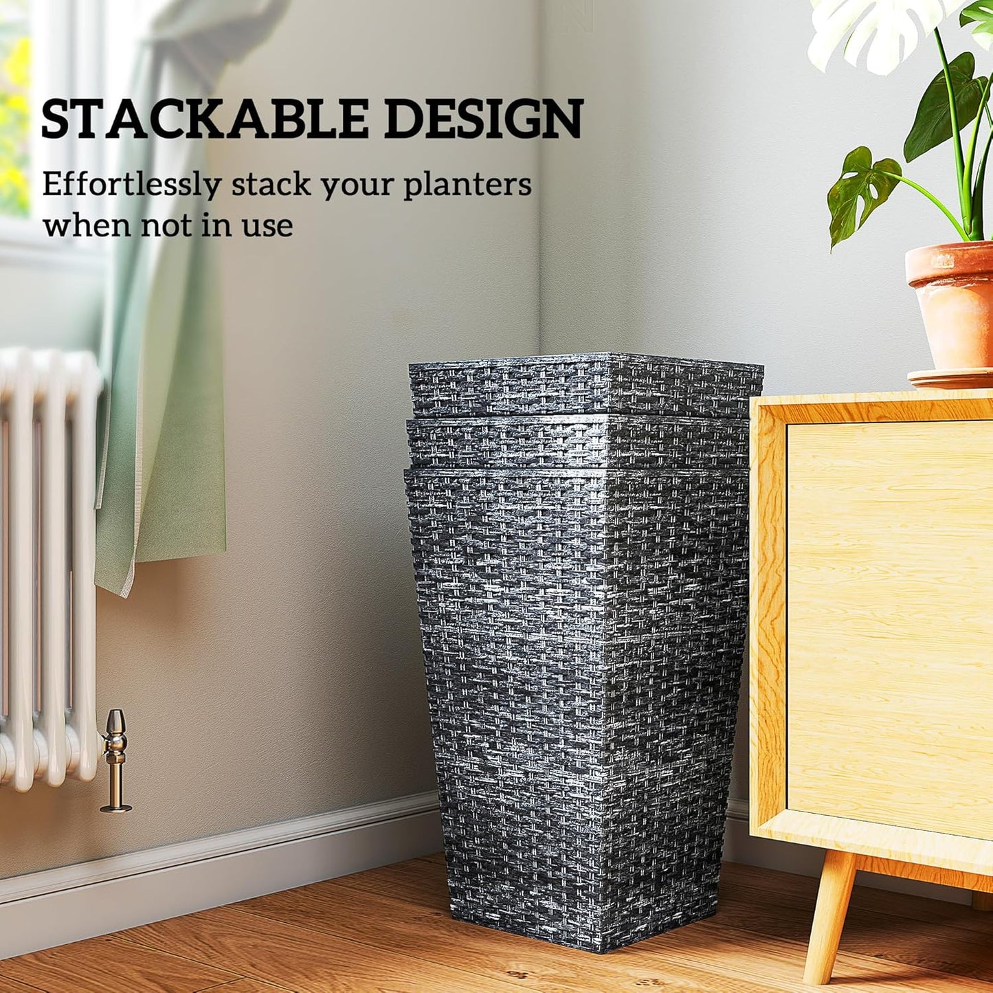 Outsunny Tall Planters for Outdoor Plants Set of 3, 24 in Taper Planters with Drainage Holes, Rattan Decor Plant Pots for Indoor Outdoor Front Porch Patio Backyard, Gray