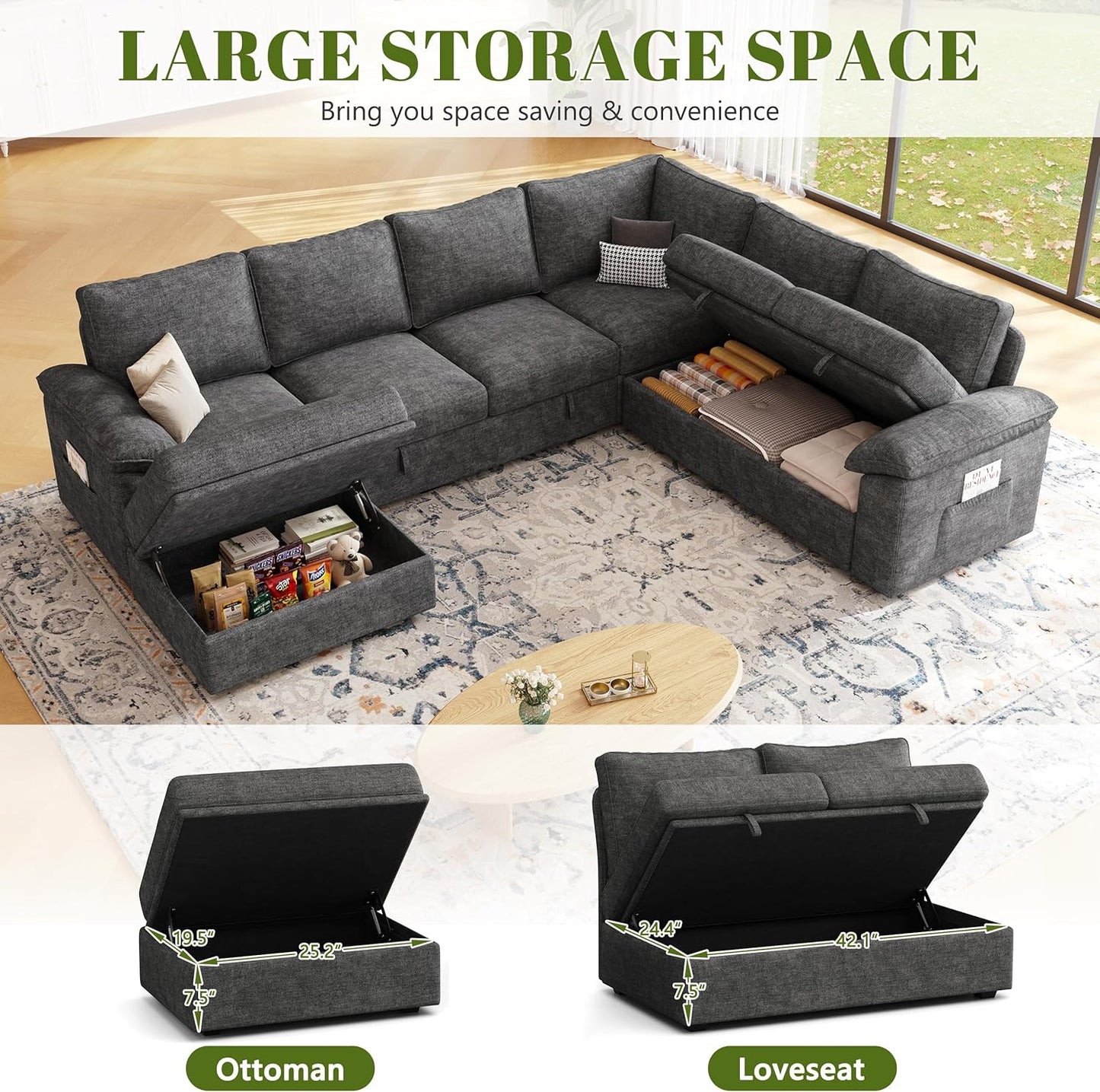 108 Inch Sectional Sleeper Sofa with Pull Out Bed,U Shaped 7 Seat Modular Sectional Sofa with Storage,Sectional Couches for Living Room,Cloud Modular Couch,Removable Sofa Cover,Dark Grey