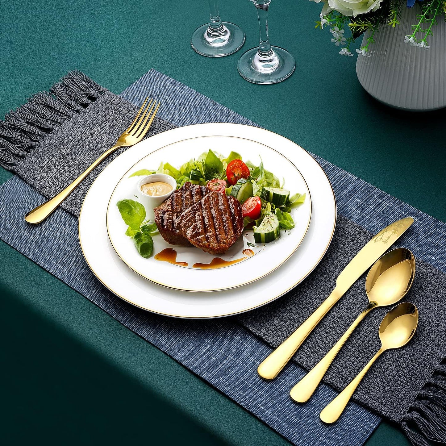 Gold Silverware Set, OGORI 24-Piece Food Grade Stainless Steel Gold Flatware Set, Kitchen Utensil Set Service for 6, Mirror Polished Tableware Cutlery Set for Home and Restaurant, Dishwasher Safe