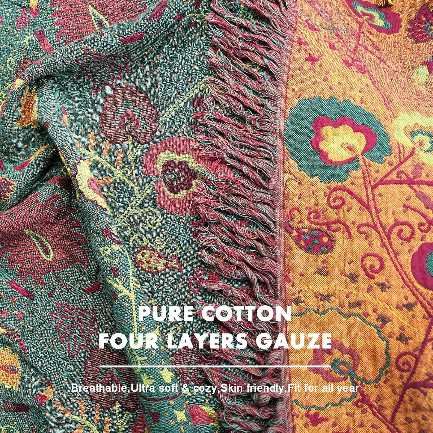 MSGKV Cotton Bed Blanket for Couch and Sofa Blankets for Living Room Bedroom Reversable Florals Throw 80"x90" Breathable Cozy Boho Blankets