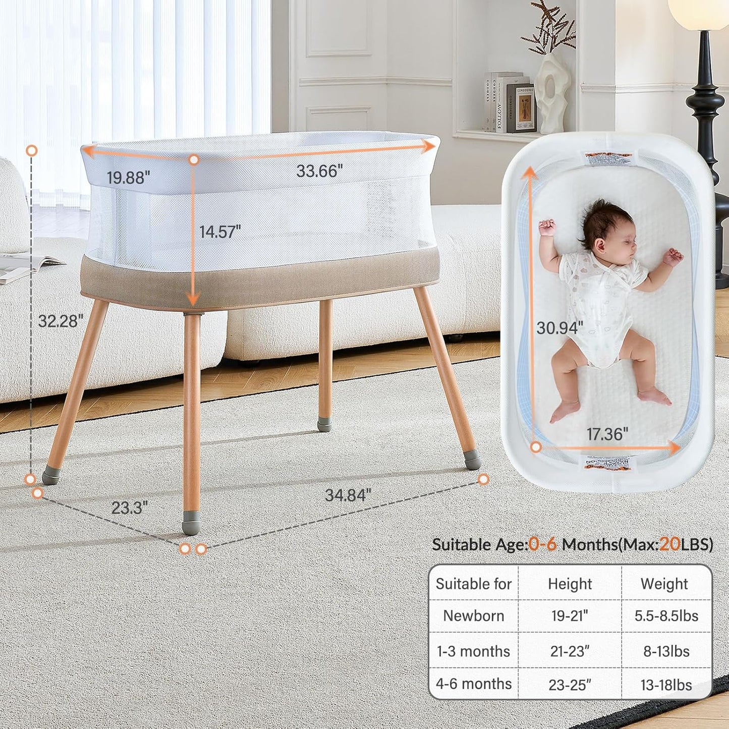 Rocking Bassinet for Baby 3 Speeds Electric Bedside Sleeper with White Noise, Automatic Bedside Crib for Newborn, Brownish-Yellow