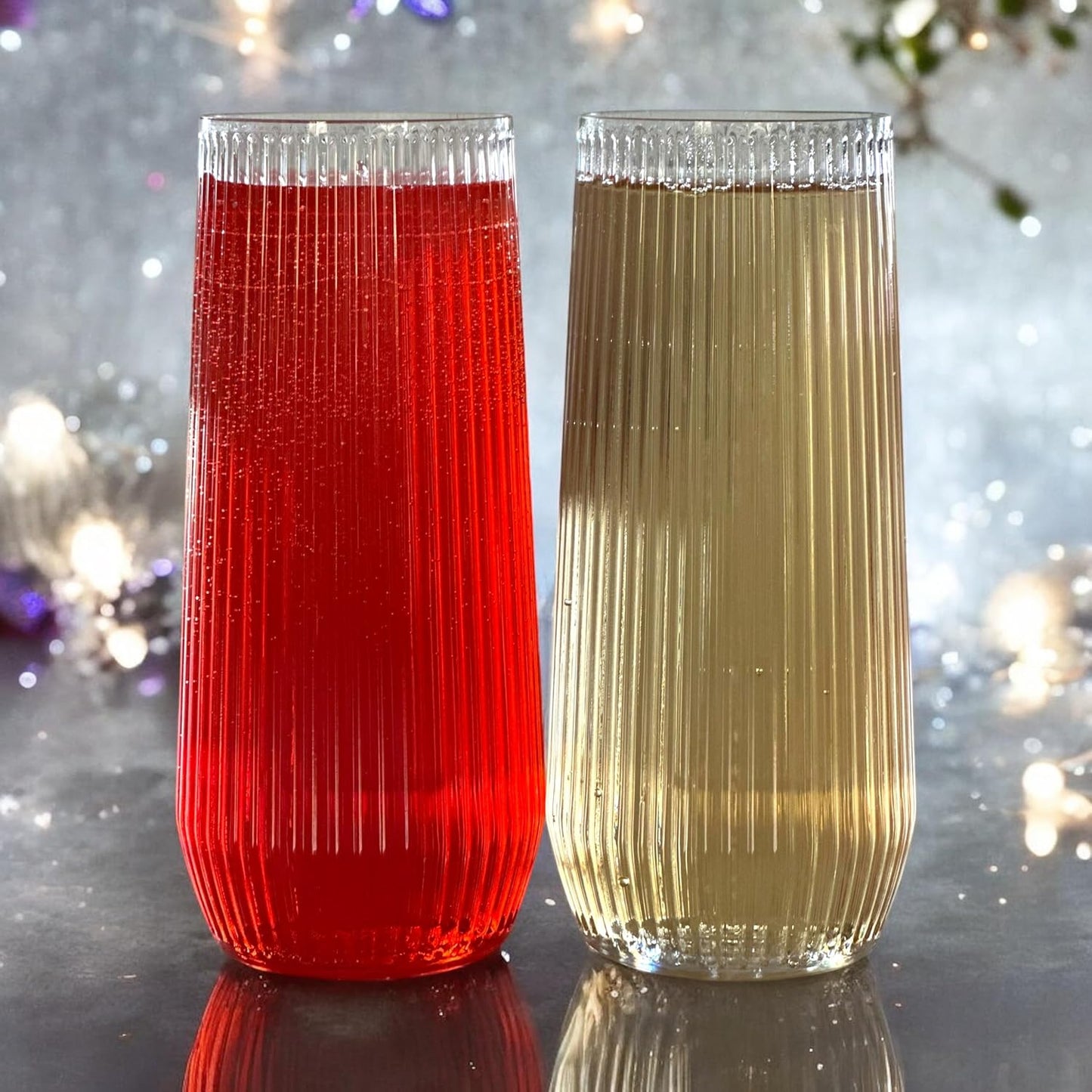 24 Pack Ribbed Ripple Stemless Toasting Glasses, Origami Durable 9 Oz BPA-Free Disposable Plastic Champagne Flutes for Weddings, Bars, Events, and Celebrations (Clear)
