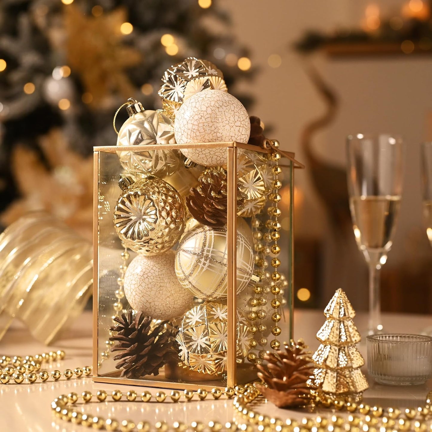 Valery Madelyn Ornaments for Christmas Trees, 16ct 2.36 Inches White and Gold Shatterproof Christmas Tree Decorations, Luxury Hanging Ball Ornaments for Xmas Holiday Party Decor