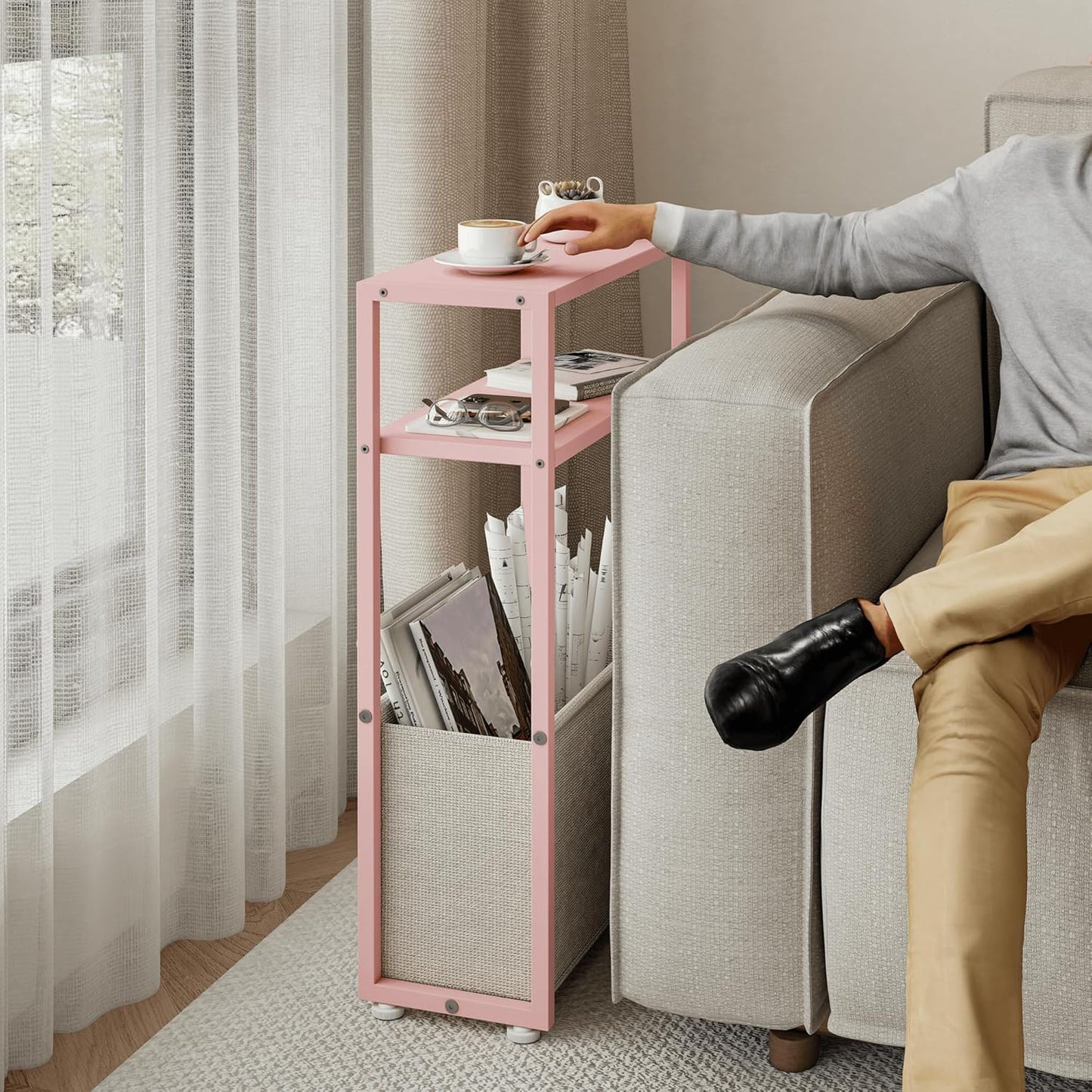 Narrow Side Table, Slim End Tables with Fabric Basket, Skinny Table for Small Spaces, Thin Bedside Table for Living Room, Bedroom (1, Jelly Pink + Cream White)