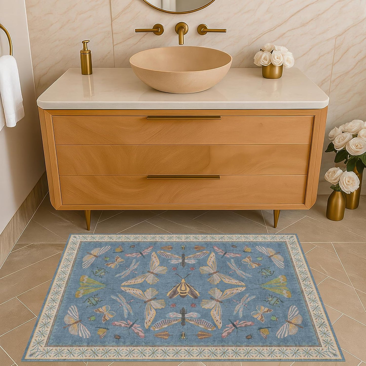 Blue 2x3 Washable Rug for Entryway Indoor, Kitchen Floor, Bathroom, Non Slip Low Pile Stain & Fade Resistant, Waterproof Insect Floral Decor