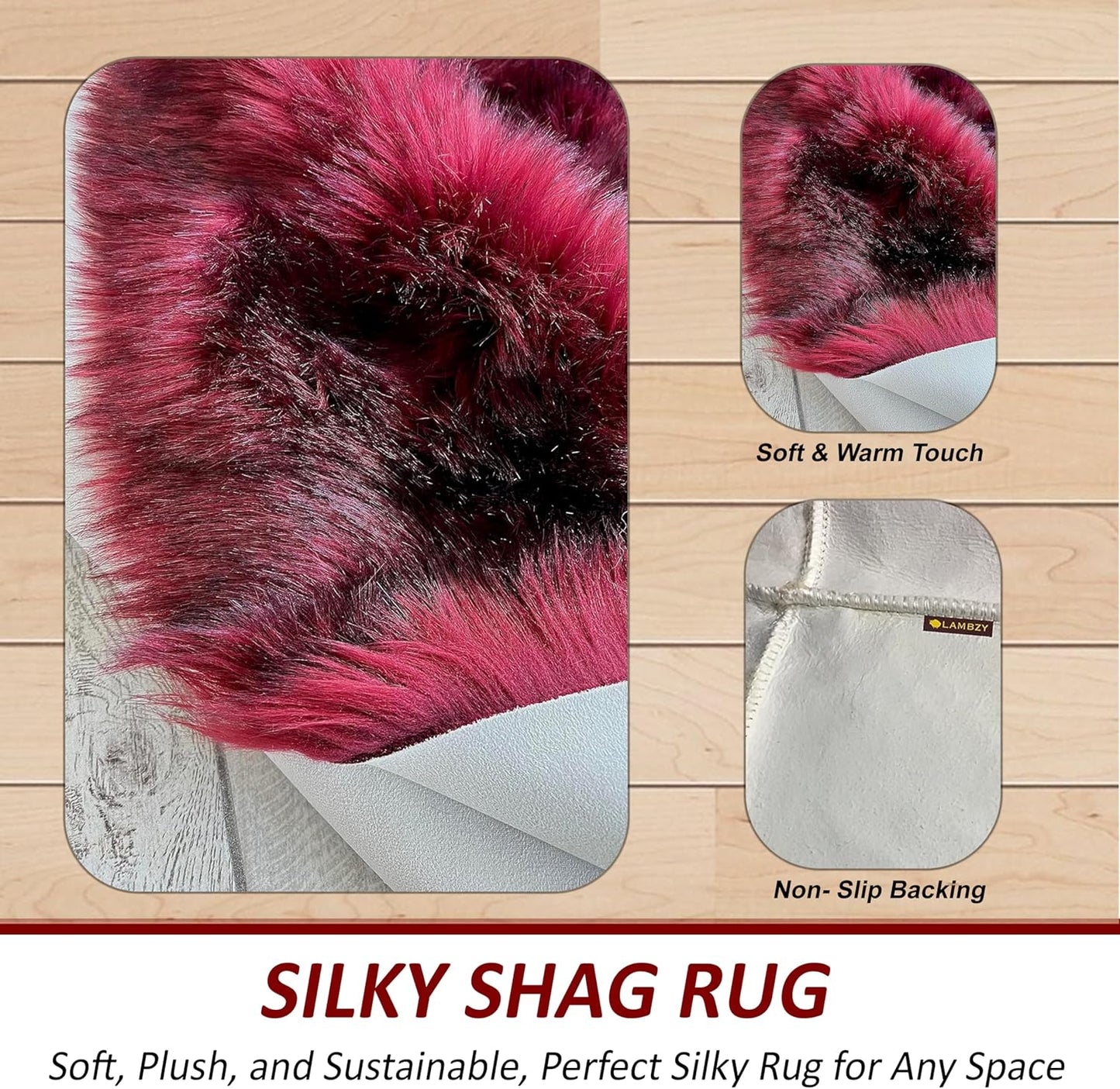 LAMBZY Faux Sheepskin Super Soft Hypoallergenic Free Shape Silky Shag Rug, Luxury Shaggy Plush Carpet for Bedrooms Living Kids Room Sofa Rugs (Burgundy, Triple Side by Side 3'x6')