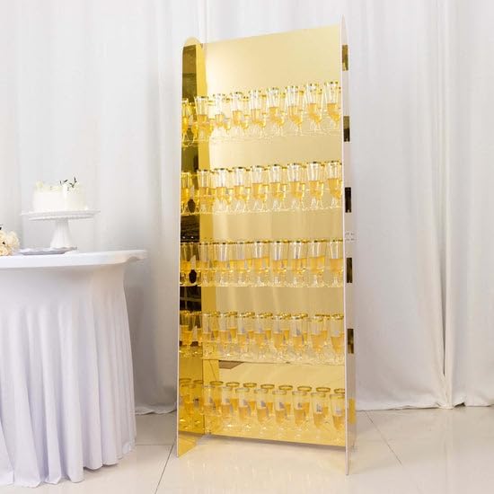 Tableclothsfactory Gold Mirror Finish 5-Tier Wine Glass Stemware Rack, 40 Champagne Flute Holder Foam Board Wall Stand - 5ft for Party & Decorations