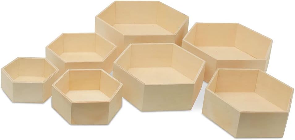Wooden Hexagon Floating Shelves with Backs, Set of 7, Unfinished for Crafts and DIY Wall Décor: Modern, Geometric, Rustic, or Honeycomb, by Woodpeckers