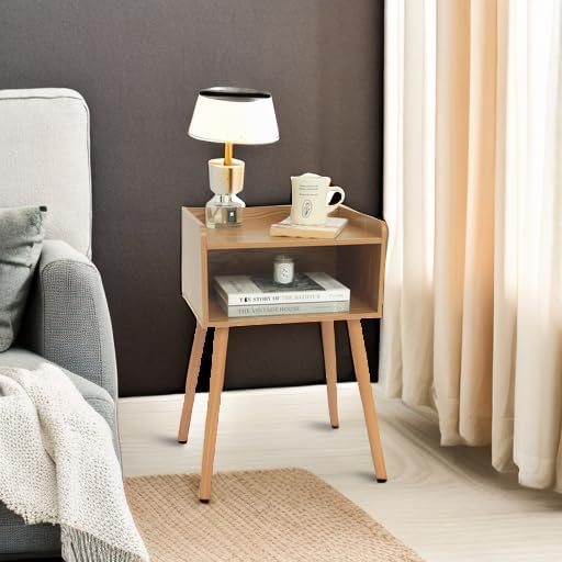 MaxSmeo Nightstand, Mid Century Modern Side Table Bedroom with Storage, Small End Bedside Table with Solid Wood Legs for Living Room, Office Small Spaces (Brown)