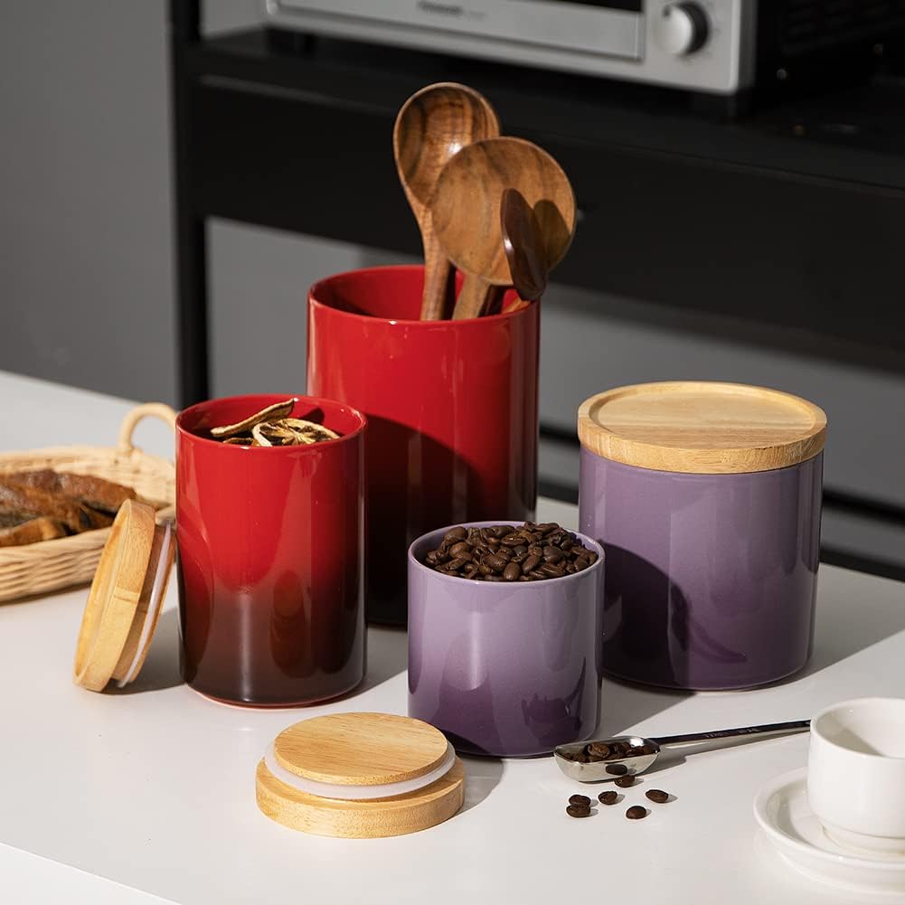 Sweejar Ceramic Food Storage Jar, Stackable Kitchen Canisters, Containers with Airtight Seal Wooden Lid for Serving Ground Coffee, Tea, Sugar, Salt and More - 28 Fl Oz (Gradient Red)