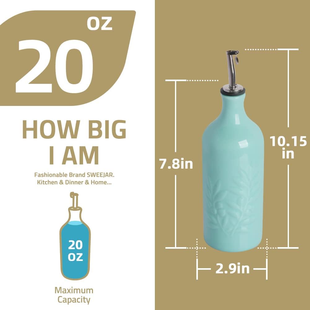 Sweejar Ceramic Olive Oil Dispenser Bottle, 20 Oz Relief Opaque Oil Cruet Protects Oil To Reduce Oxidation, Suitable for Storage Oil, Vinegar, Soy Sauce, Coffee Syrup, Liquids, Set of 1 (Beige)