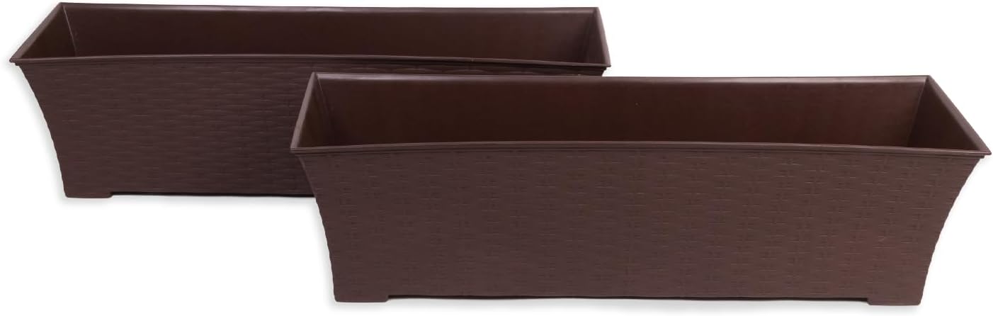 Elly Décor Set of 2 24x8 Rectangular Modern, Resistant and Self Watering Planter with Rattan-Like Finish, 24", Chocolate Brown
