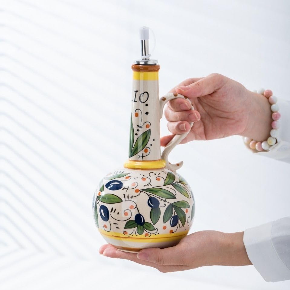 Italian Ceramic Olive Oil Dispenser Bottle 23oz, Hand Painted Olive Oil Bottles, Decorative Stoneware Olive Oil Cruet for Kitchen with Stainless Steel Spout for Oils, Sauces, Vinegar