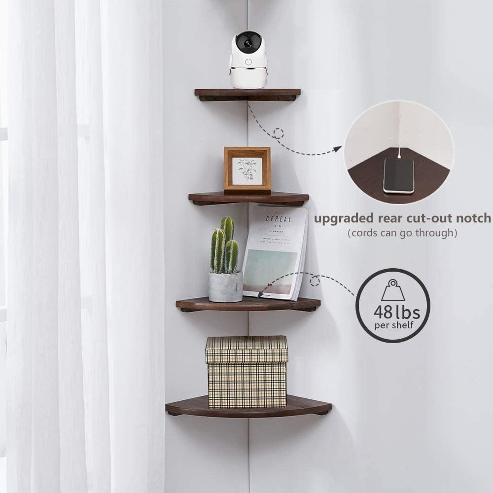 Corner Shelf, 7inch Solid Walnut Wood Floating Corner Shelf Wall Mount Round End Floating Speaker Rack with Wire Hole for Small Plant Photo Frame for Bedroom Kitchen, Living Room