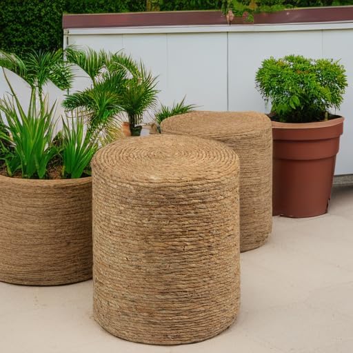 Cplxroc Pouf Ottoman, 100% Handwoven Seagrass Braided Pouffe, Boho Decor Floor Chair for Couch or Desk, Outdoor Ottomans for Garden, Round Footrest with Wood Frame, Home Decorative Seat for Balcony