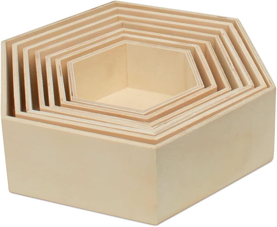 Wooden Hexagon Floating Shelves with Backs, 2 Sets of 7, Unfinished for Crafts and DIY Wall Décor: Modern, Geometric, Rustic, or Honeycomb, by Woodpeckers
