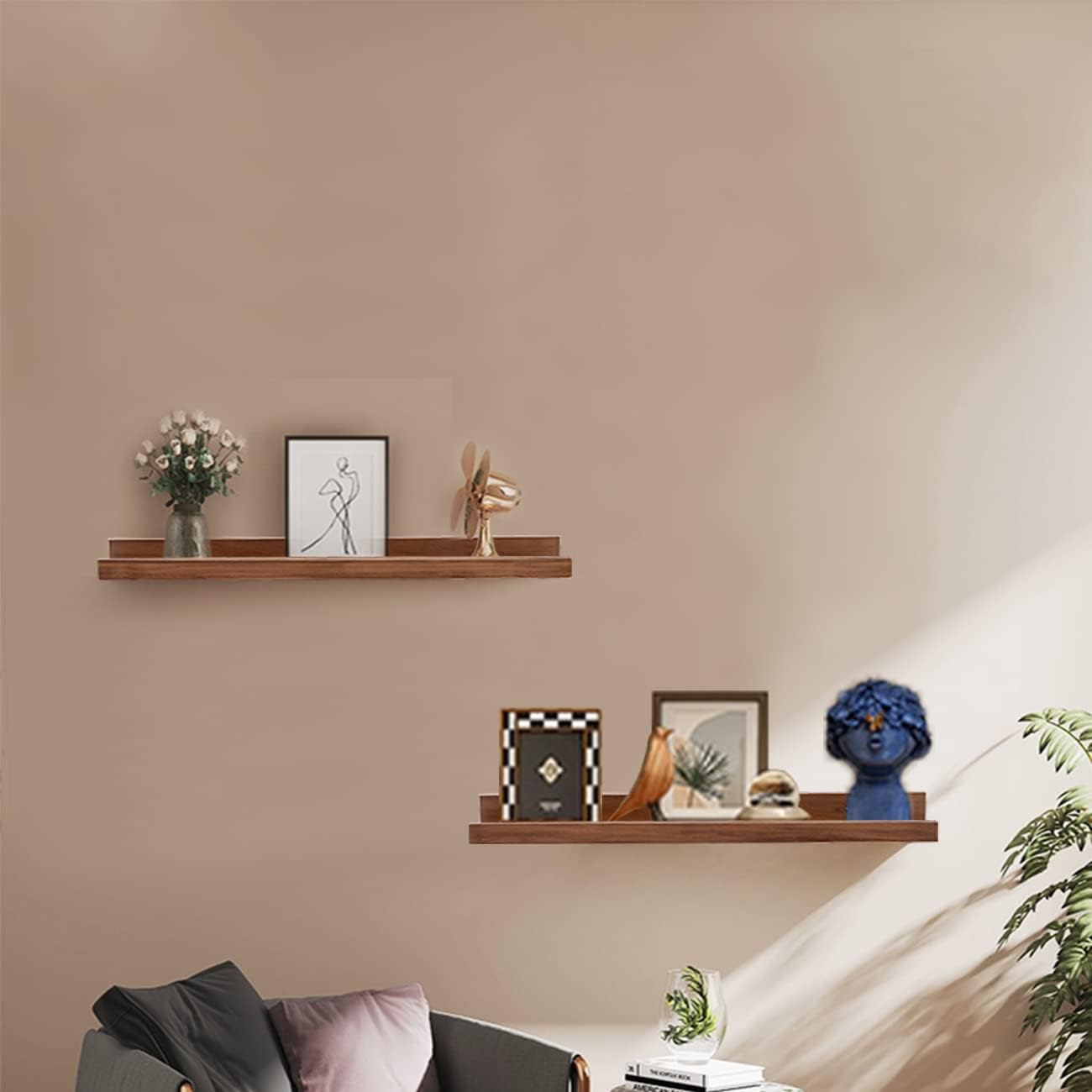 AZSKY Floating Nursery Book Shelves Light Fair Pale Walnut Rustic Picture Photo Ledge Shelves Wall Mounted Wooden Display Shelf for Bathroom Bedroom Kitchen 24 Inch Wall Shelves a Set of 2