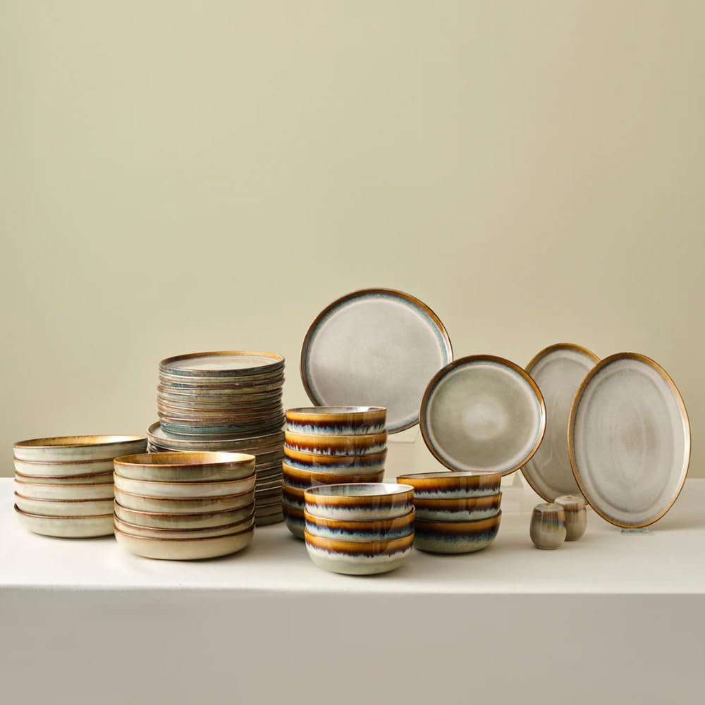 Karaca Earthy 52 Piece Stoneware Plates and Bowls Set, Reactive Glaze Dinner Set, Complete Kitchen Tableware Collection, Ideal Dinnerware for 12 People Dining Experience, Dishwasher Safe