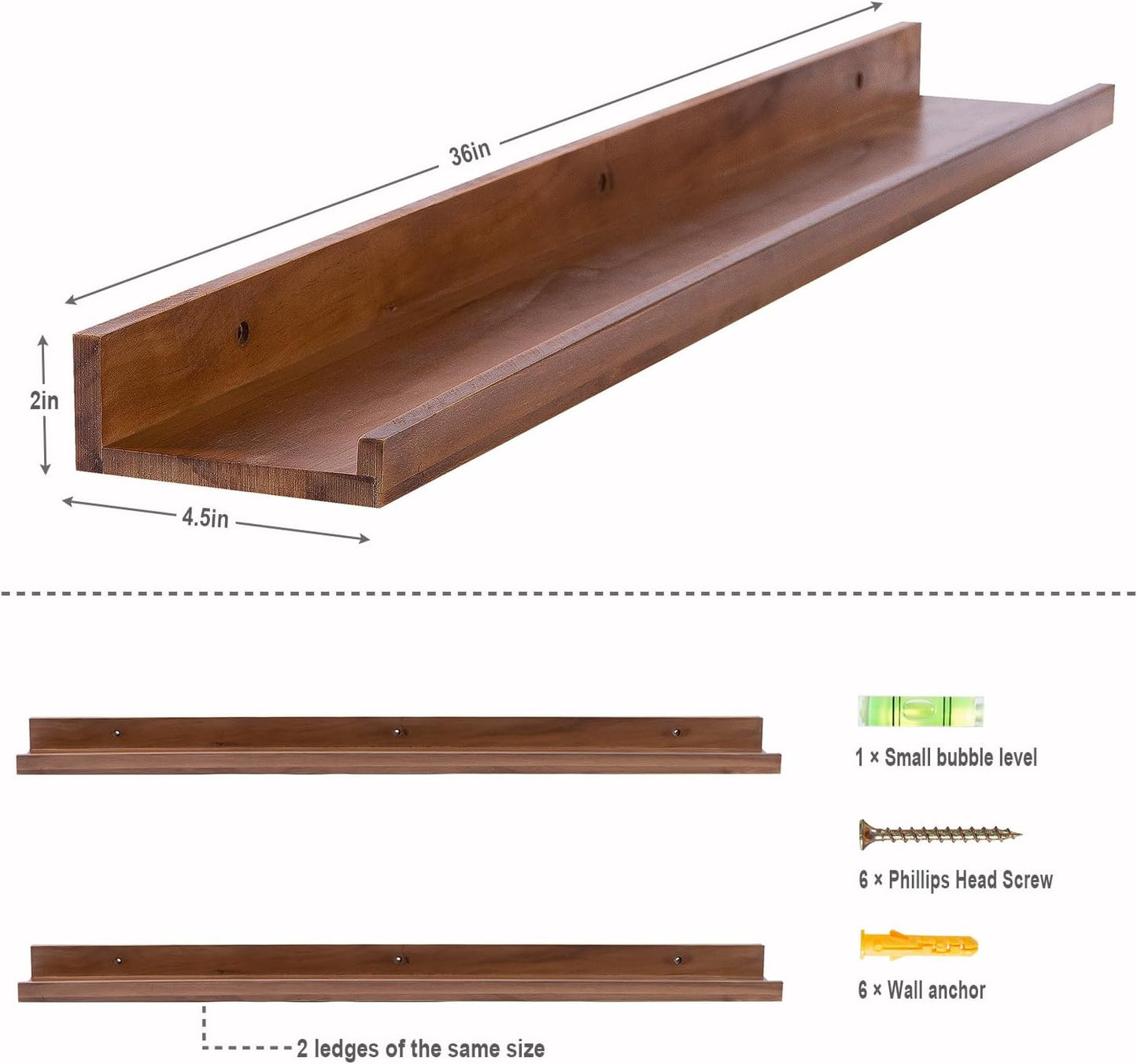AZSKY Floating Shelves for Wall Bookshelf Wall Mount Light Walnut Picture Ledge Shelf 36 Inch Photo Picture Frames Display and Storage Shelves a Set of 2 for Bedroom Living Room Bathroom Kitchen